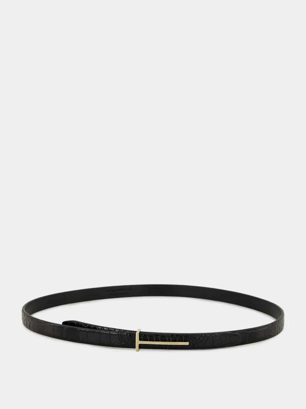 Black Shiny Stamped Crocodile Leather Slim T Belt