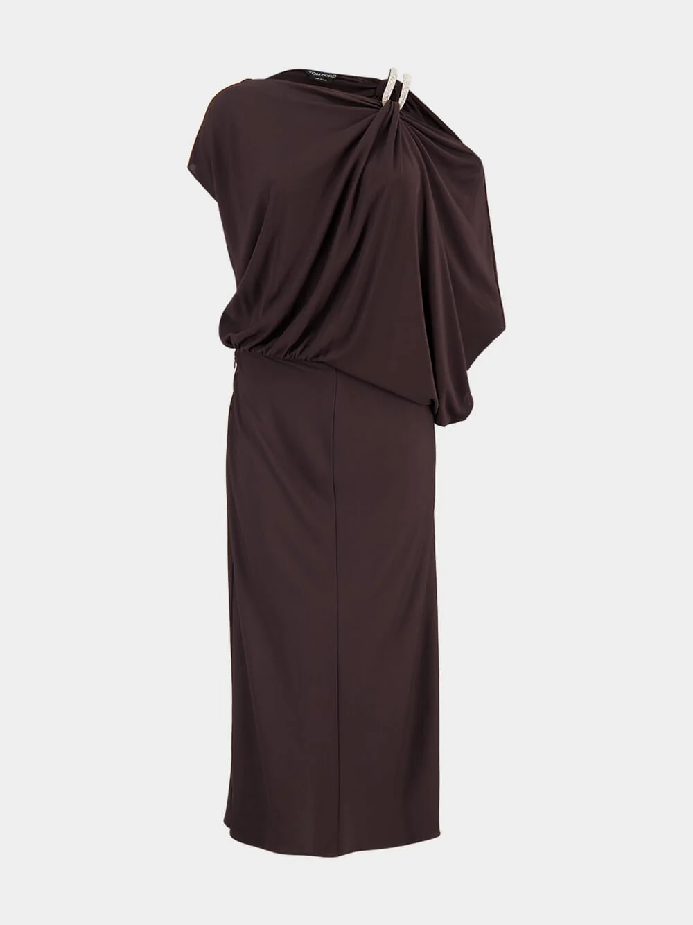 Brown Draped Midi Dress with Chain Detail