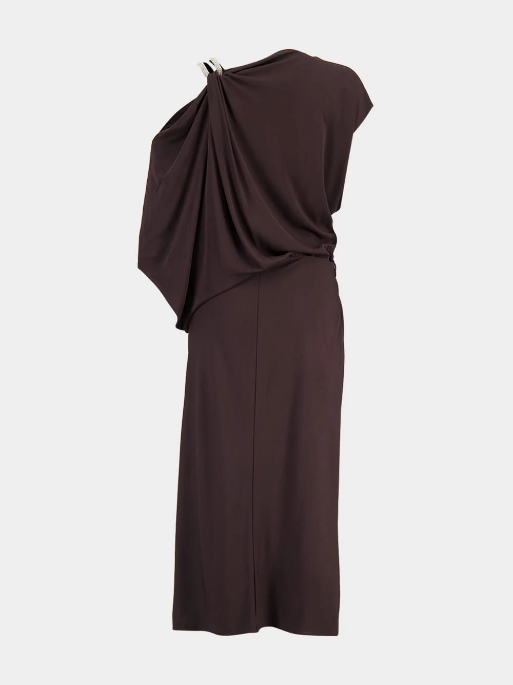 Brown Draped Midi Dress with Chain Detail - Image 2