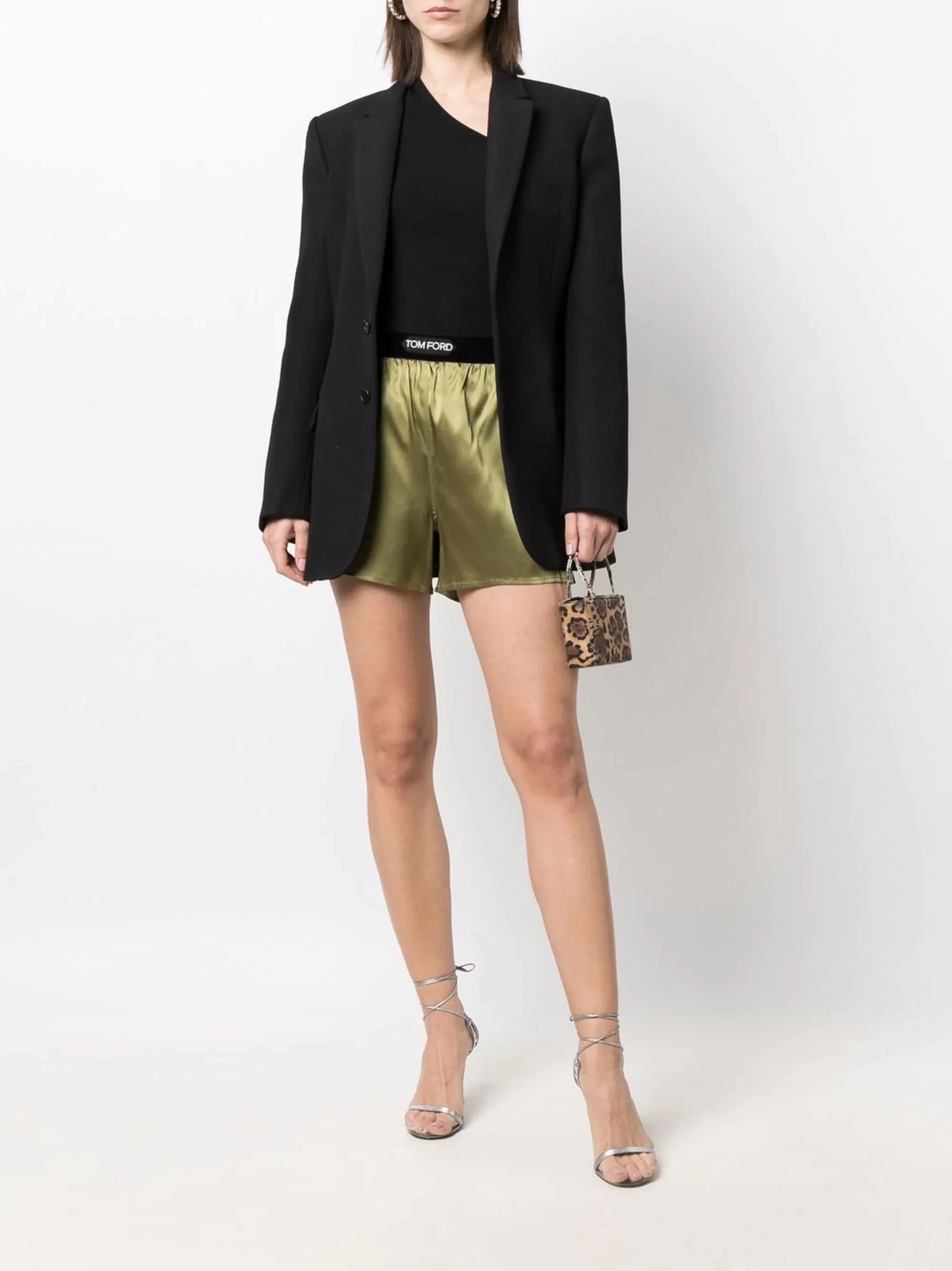 Army Green High-Waist Silk Shorts - Image 2