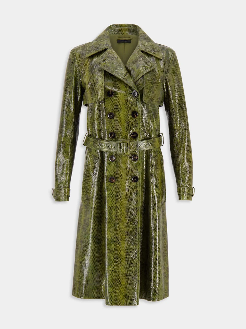 Olive Green Ayers Printed Leather Trench Coat - Image 2
