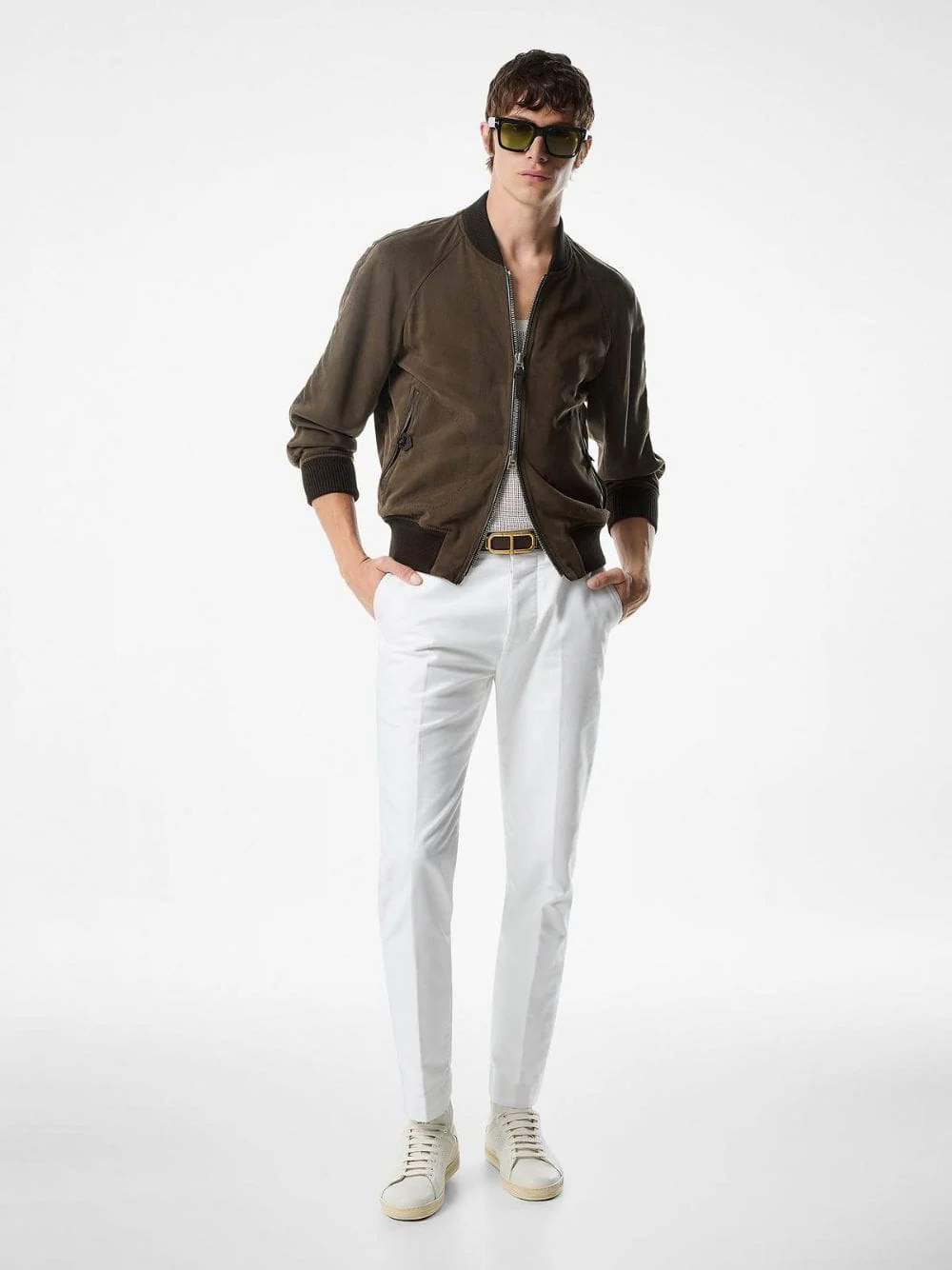 Dark Olive Suede Bomber Jacket - Image 2
