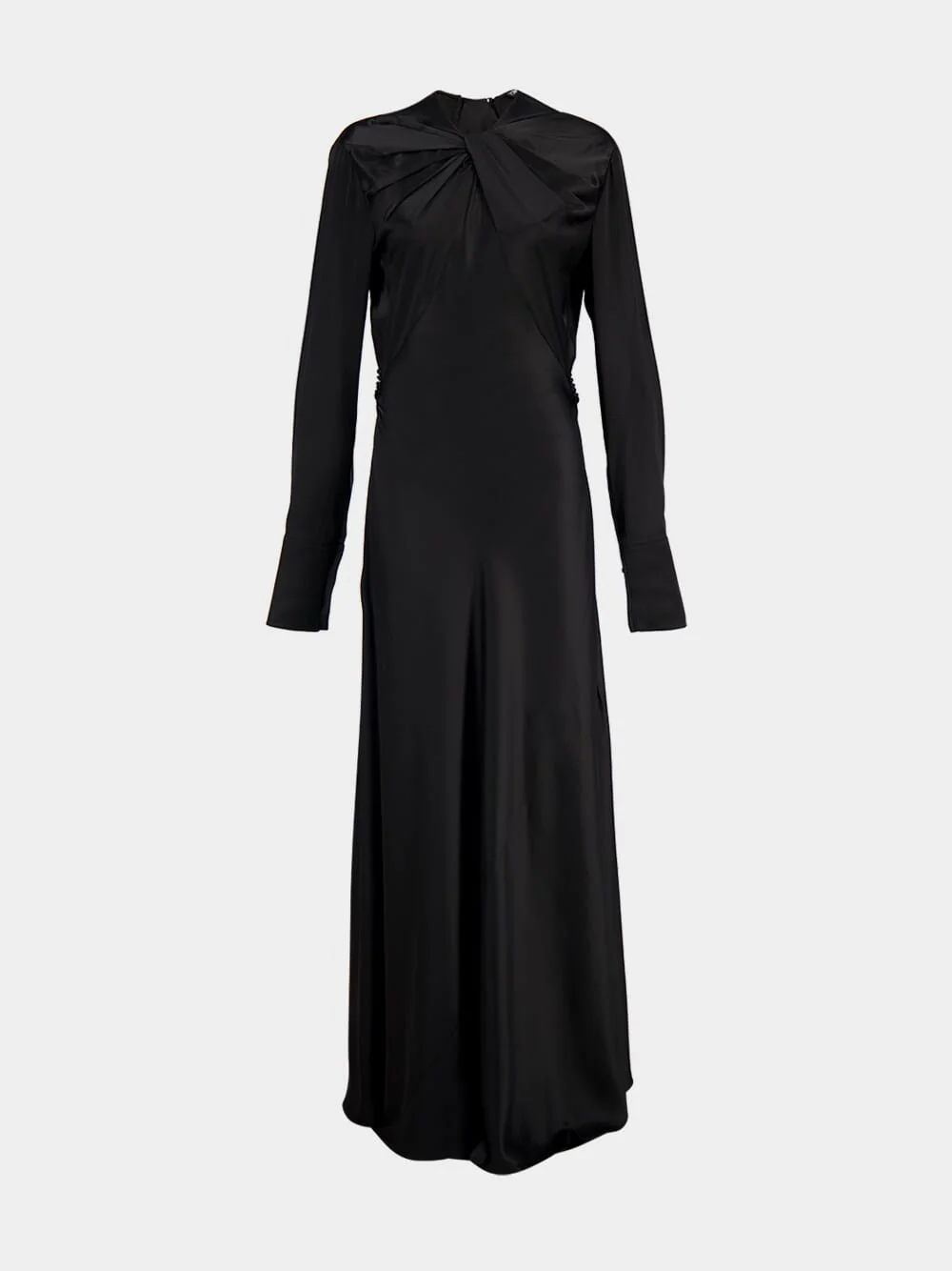 Draped Black Viscose Long-Sleeved Maxi Dress