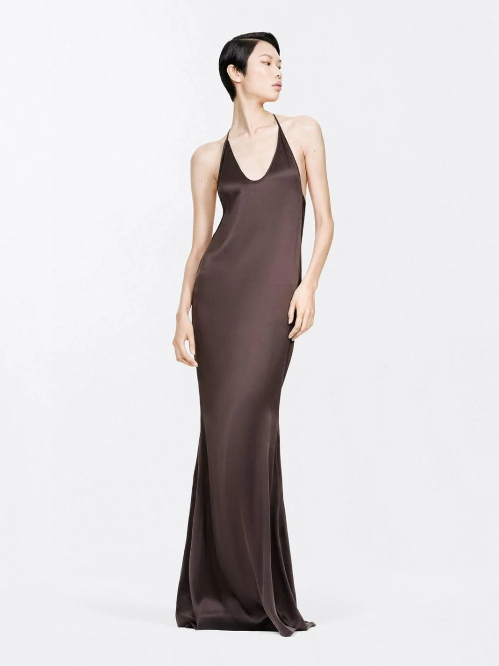 Espresso Silk Satin Halterneck Maxi Dress