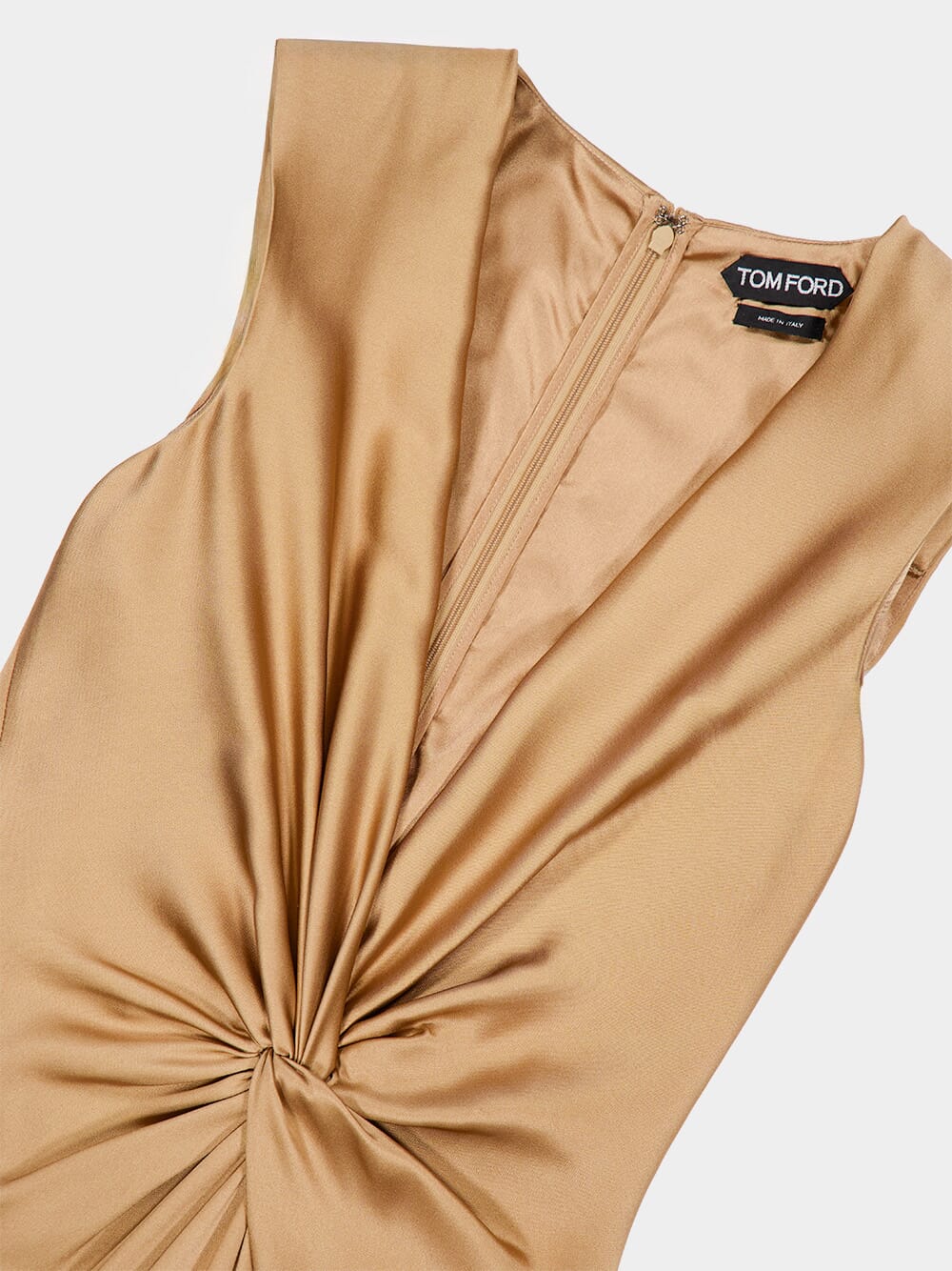 Golden Brown Deep V-Neck Twist Front Silk Evening Dress - Image 5