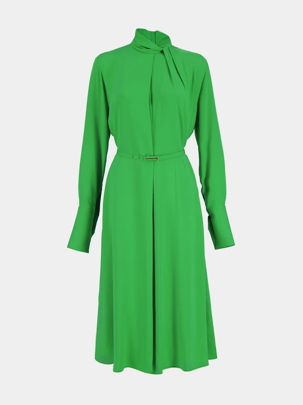 Green Clover Silk Tie-Neck Belted Midi Dress