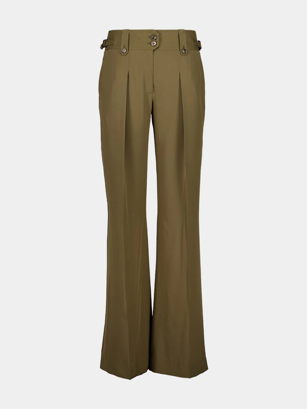 Khaki Pleated Crepe de Chine Silk Pants