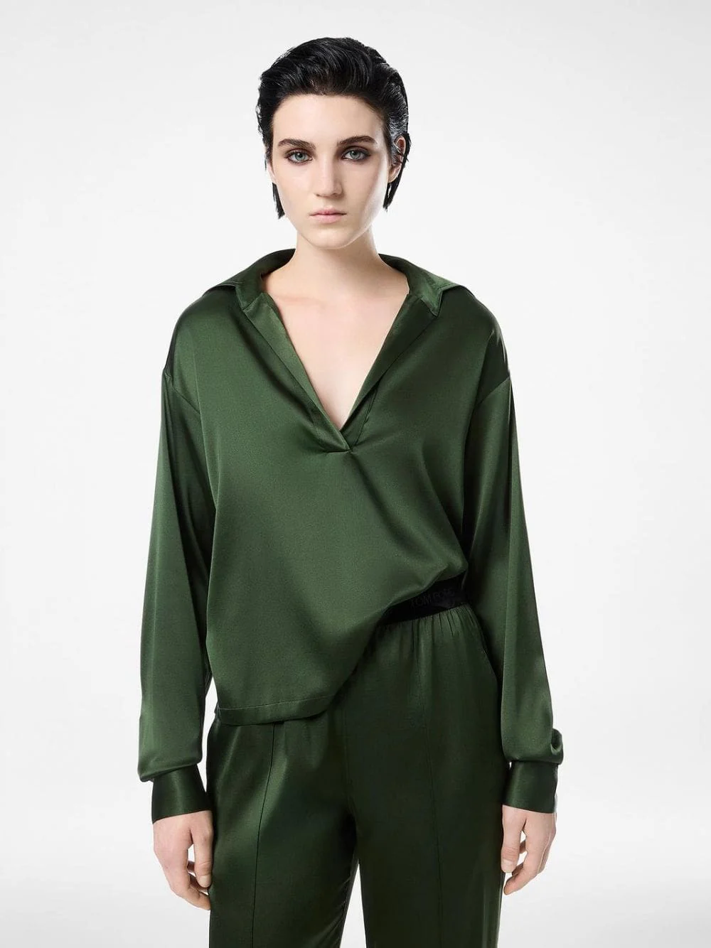 Moss Green Silk Satin Polo Shirt - Image 2