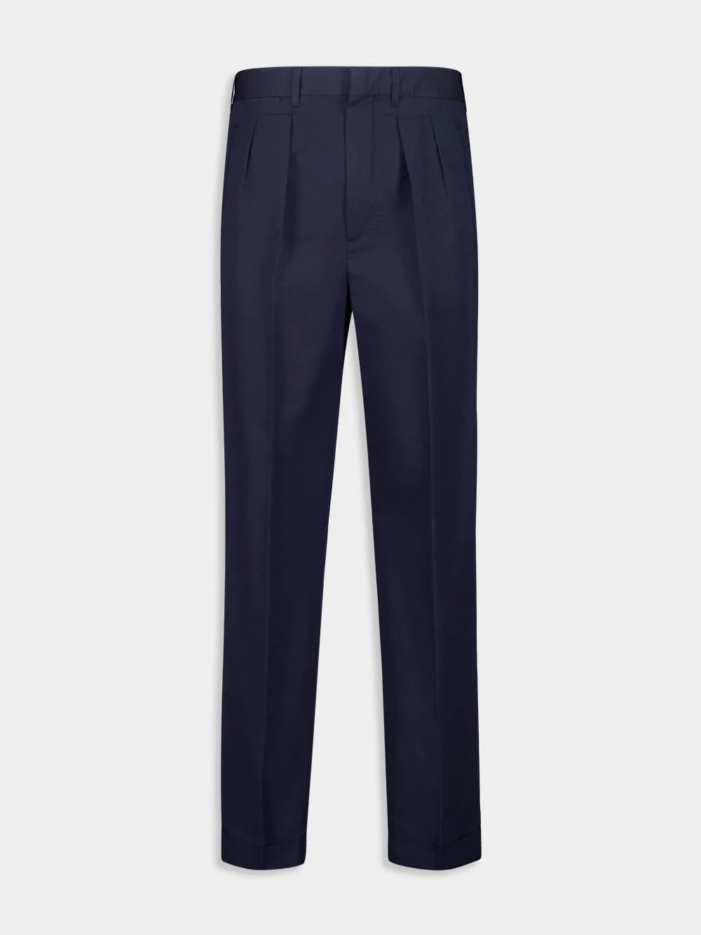 Navy Blue Double-Pleat Sport Trousers in Fluid Cotton and Silk - Image 5