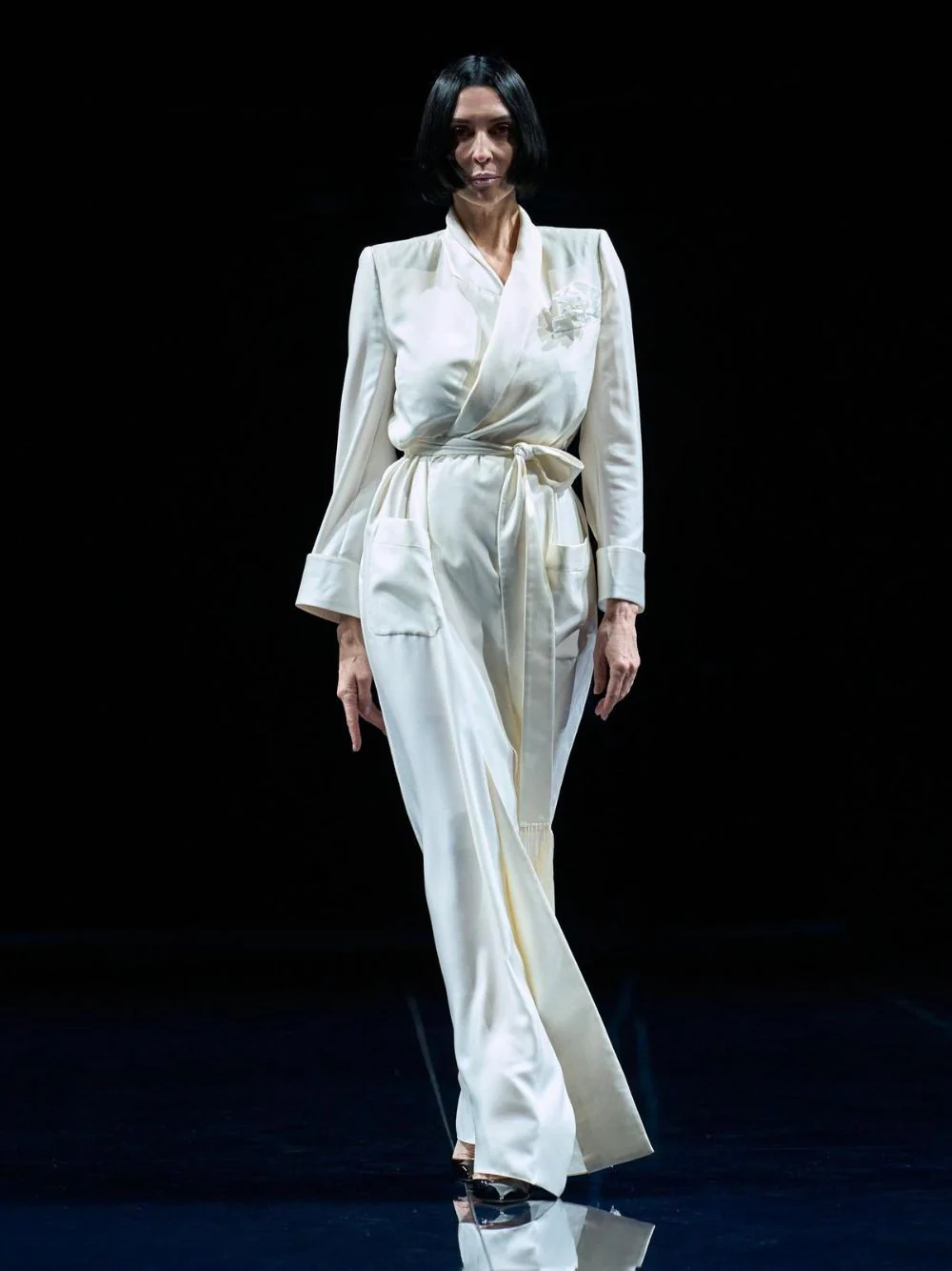 Off White Shawl Collar Long Silk Twill Robe