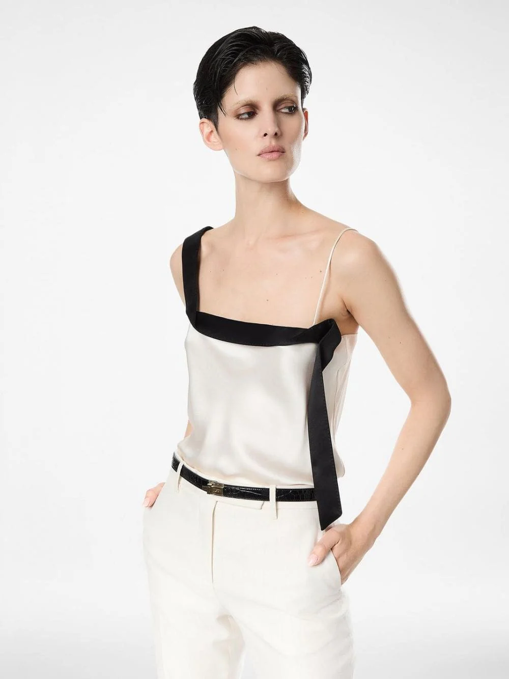 Off-White Silk Camisole with Tuxedo Band