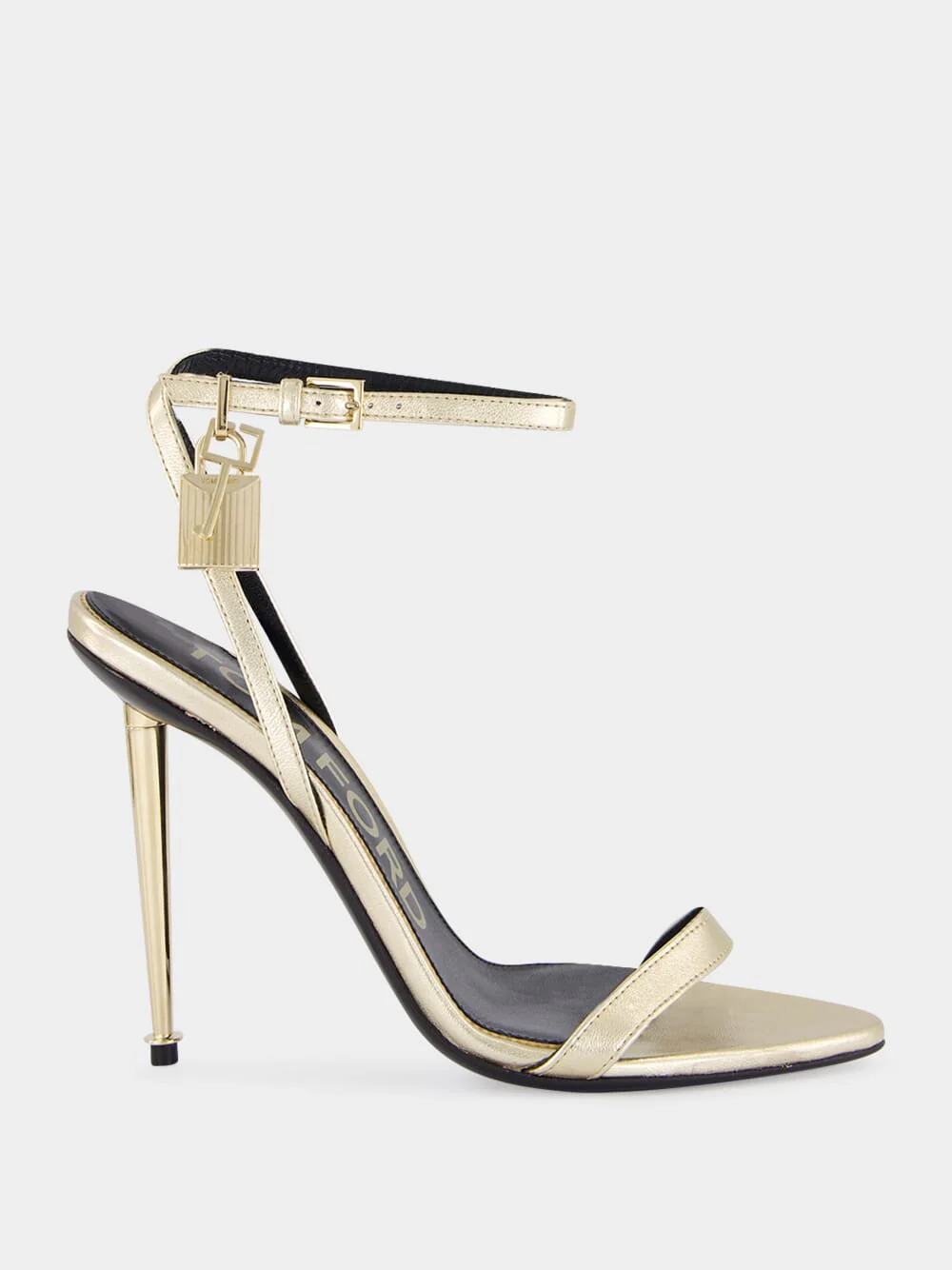 Pale Gold Laminated Nappa Leather Padlock Pointy Naked Sandal