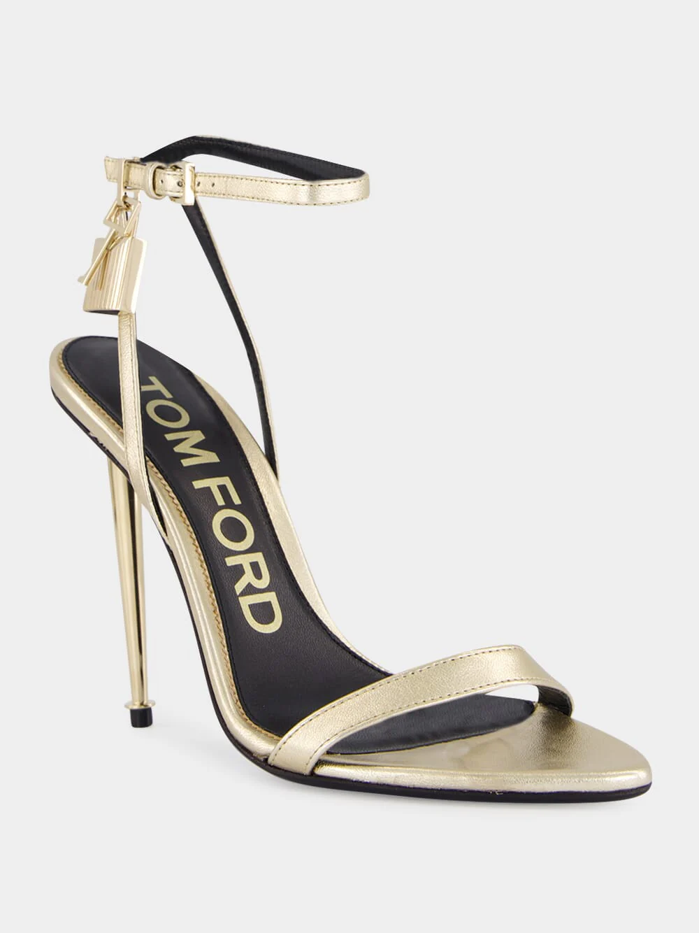 Pale Gold Laminated Nappa Leather Padlock Pointy Naked Sandal - Image 2