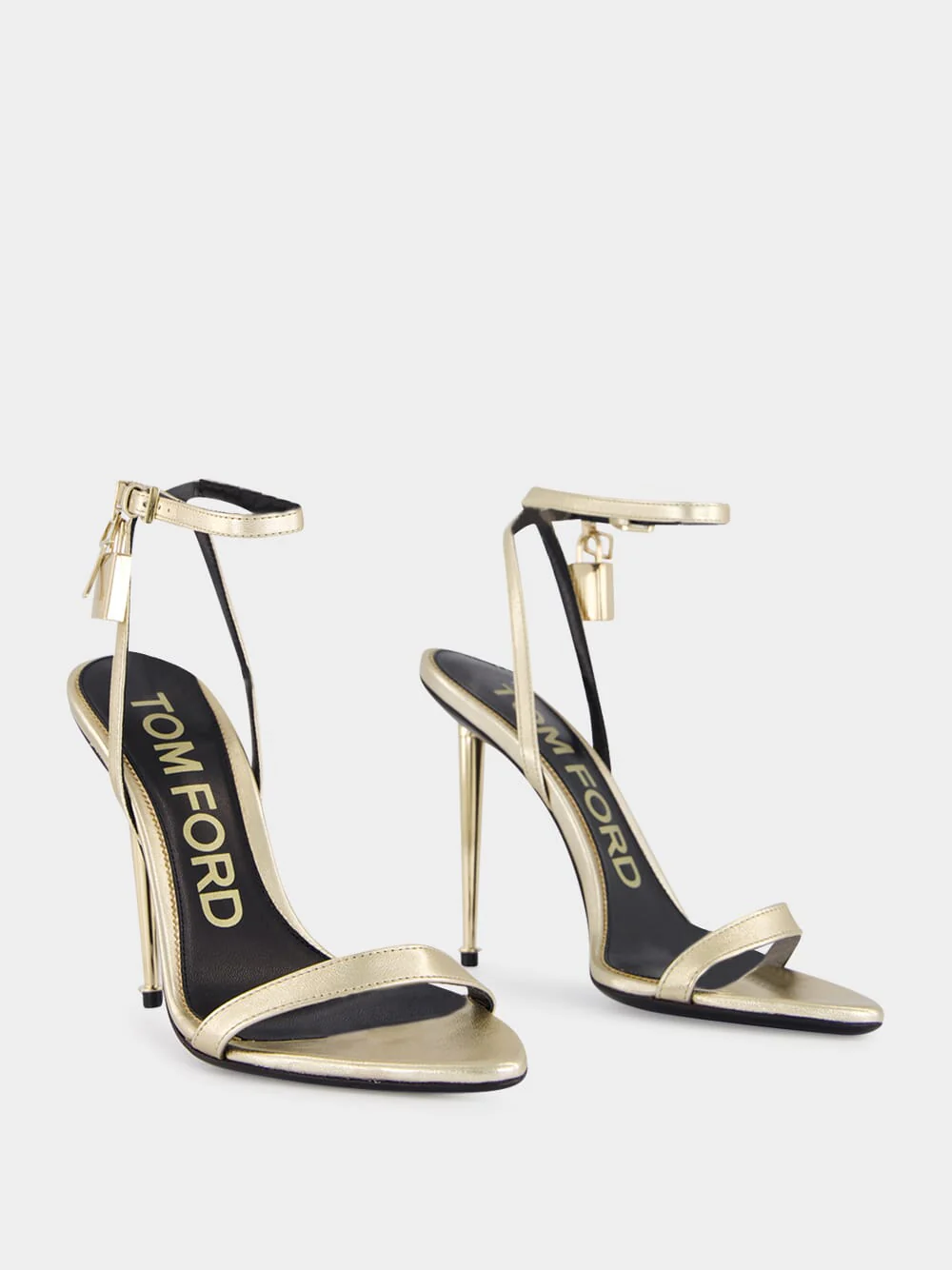 Pale Gold Laminated Nappa Leather Padlock Pointy Naked Sandal - Image 3