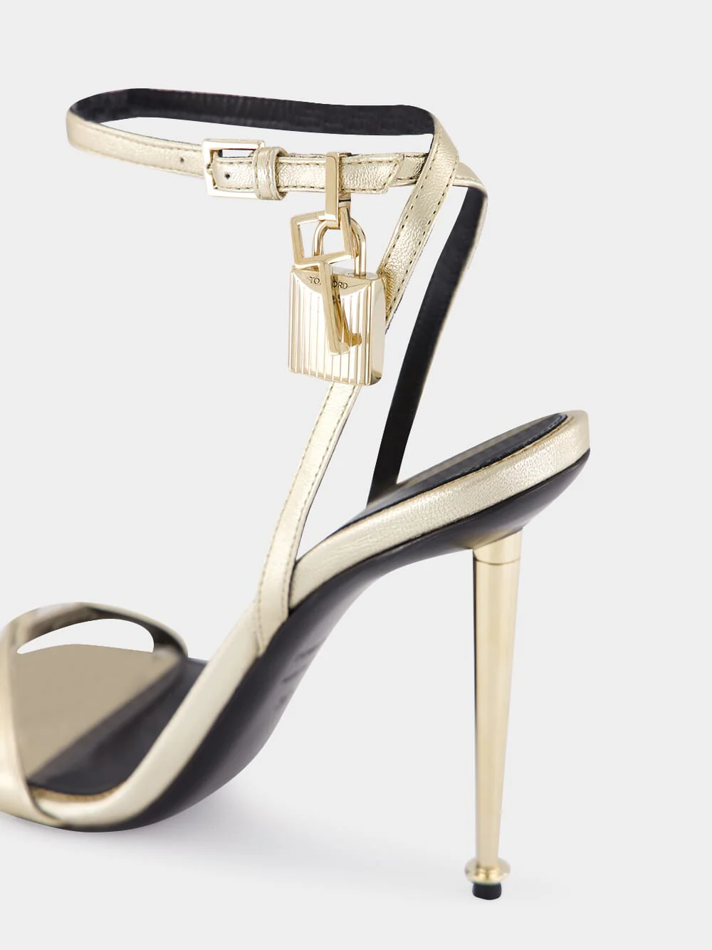 Pale Gold Laminated Nappa Leather Padlock Pointy Naked Sandal - Image 5