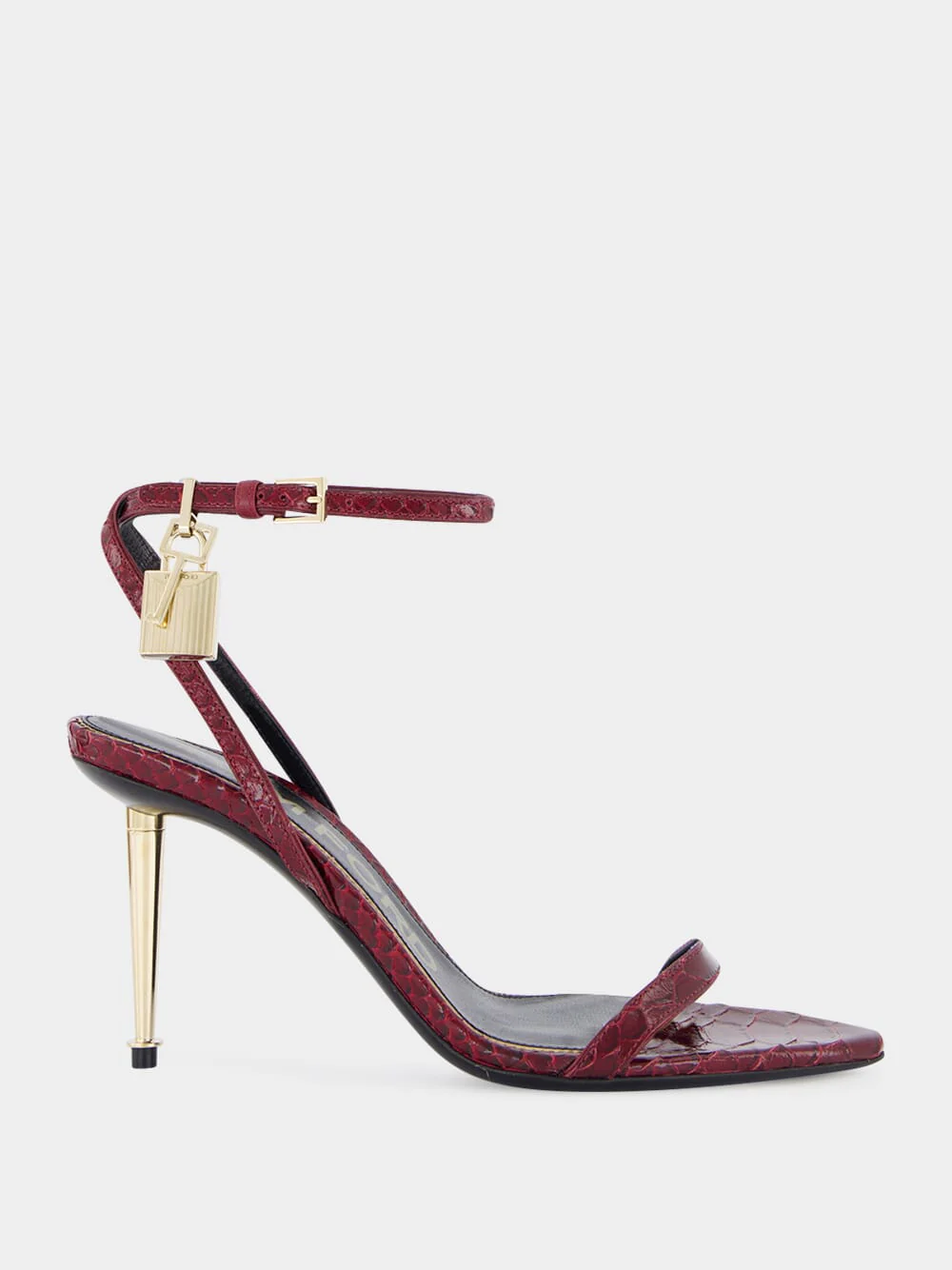 Ruby Red Padlock Pointy Naked Sandal in Laminated Crocodile