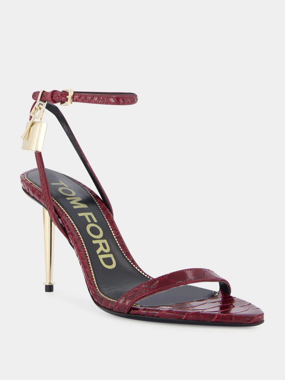 Ruby Red Padlock Pointy Naked Sandal in Laminated Crocodile - Image 2