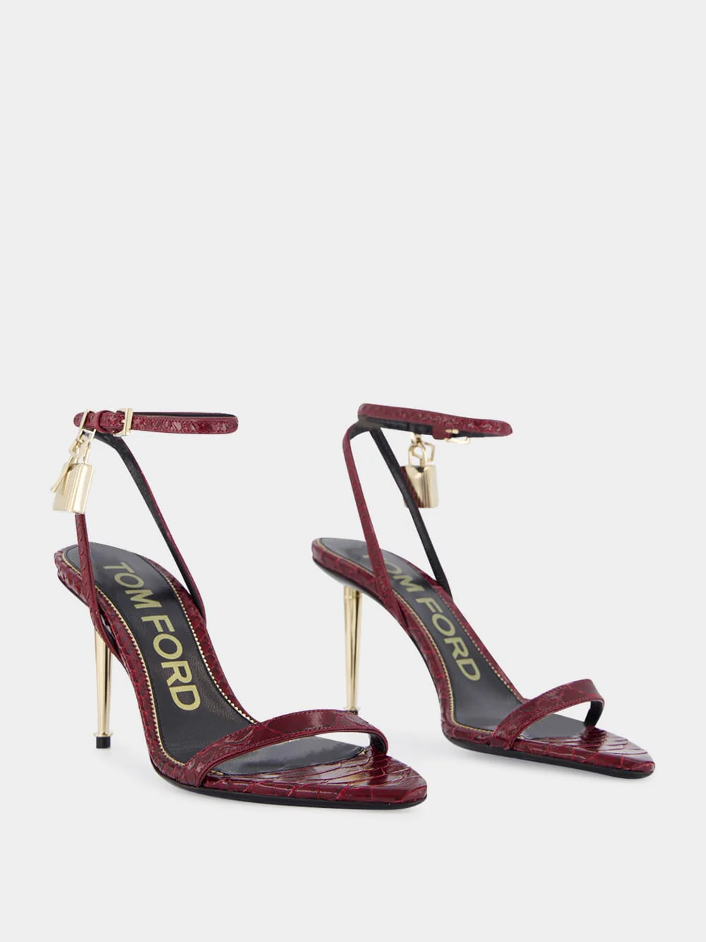 Ruby Red Padlock Pointy Naked Sandal in Laminated Crocodile - Image 3