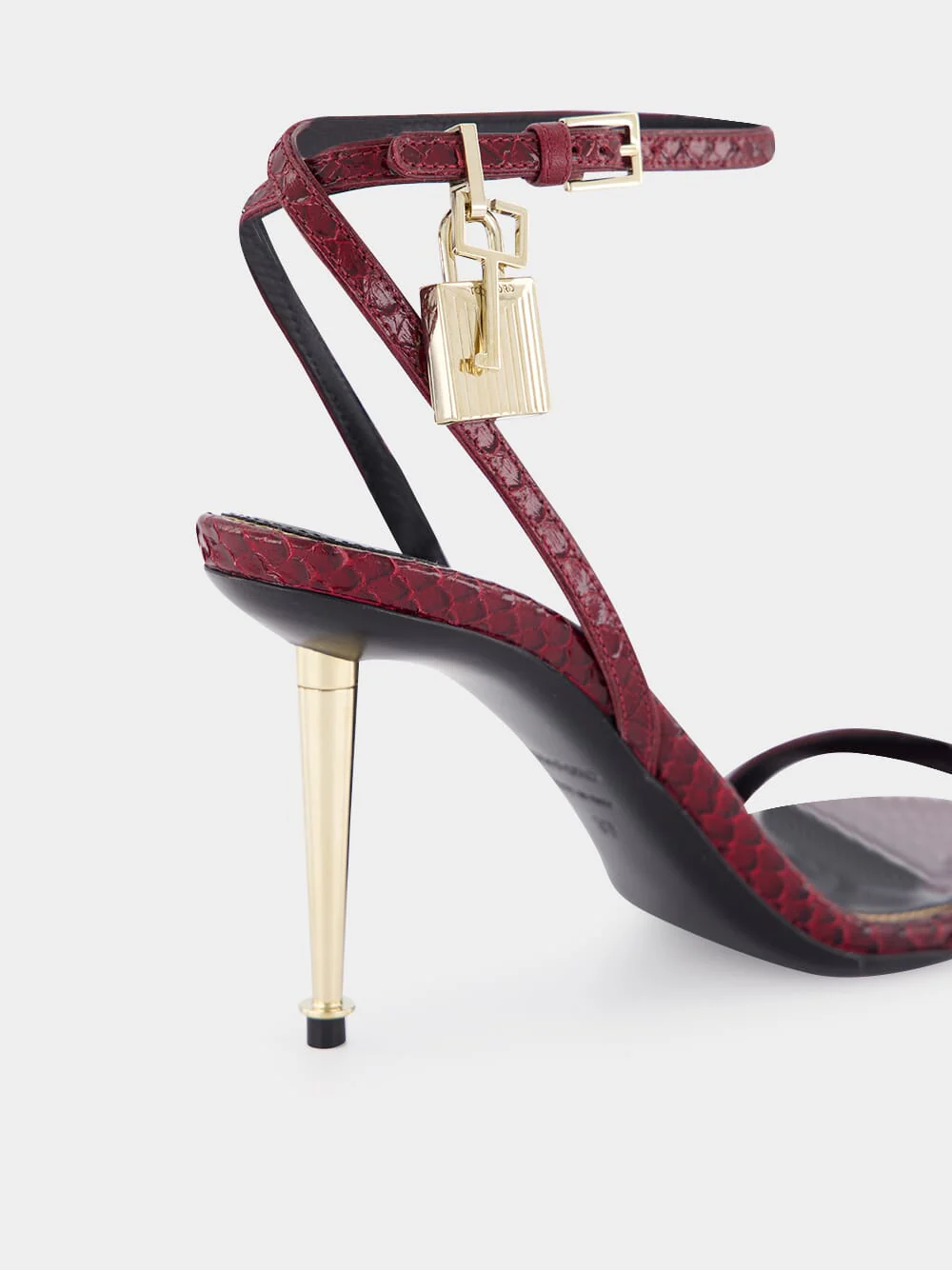 Ruby Red Padlock Pointy Naked Sandal in Laminated Crocodile - Image 6