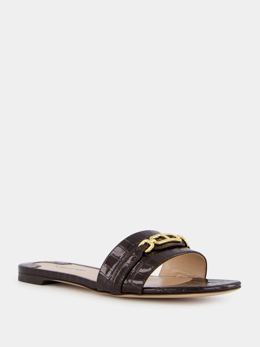 Brown Glossy Crocodile Stamped Leather Slides - Image 2