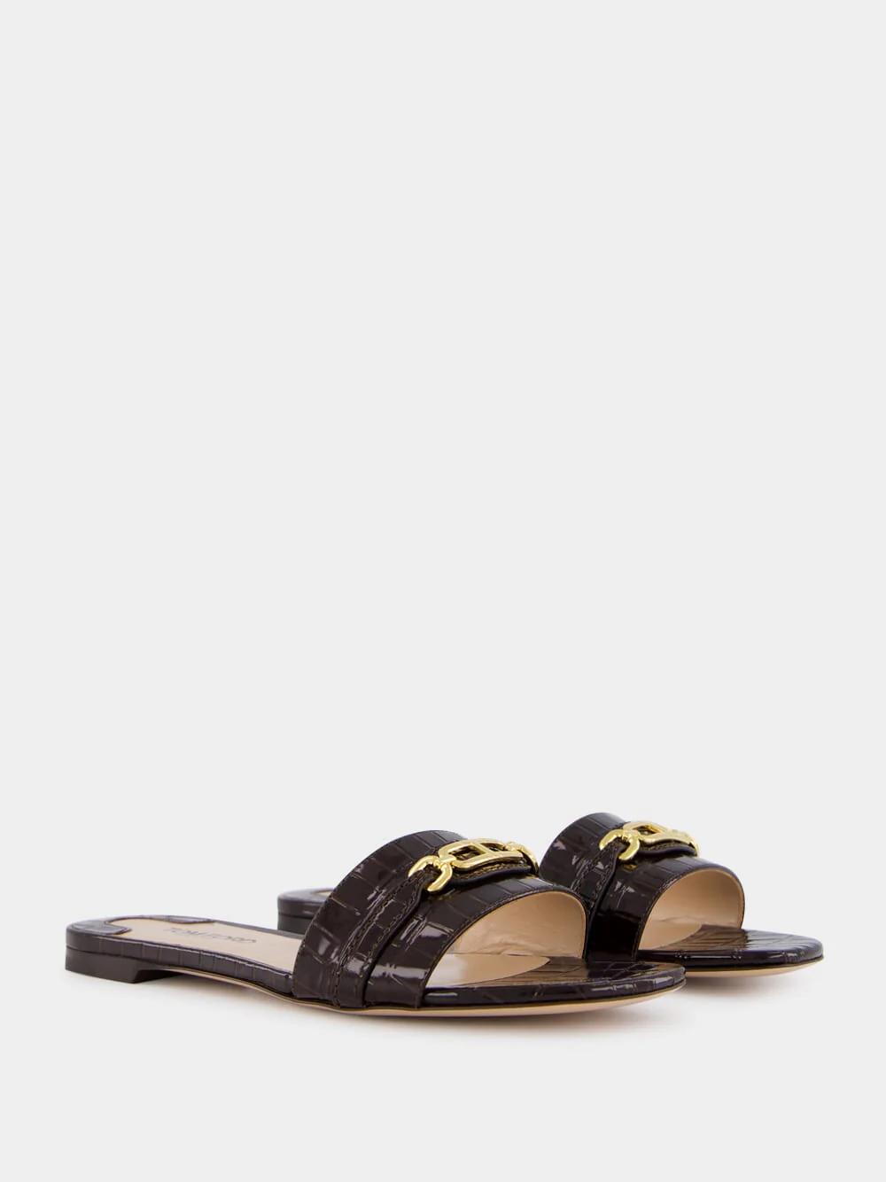 Brown Glossy Crocodile Stamped Leather Slides - Image 3