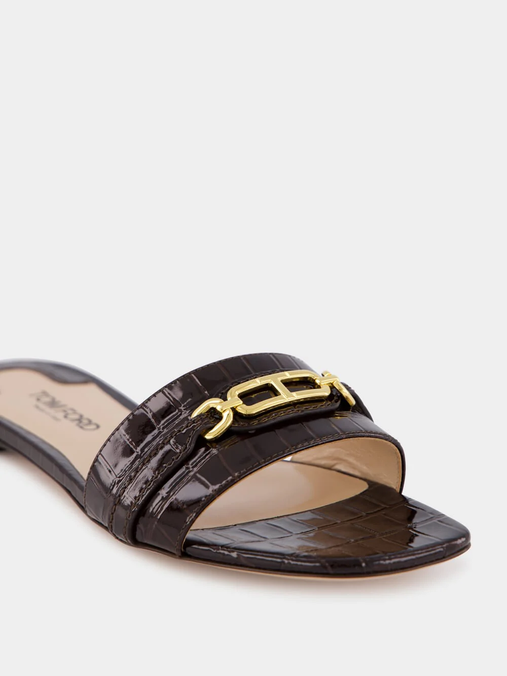 Brown Glossy Crocodile Stamped Leather Slides - Image 6