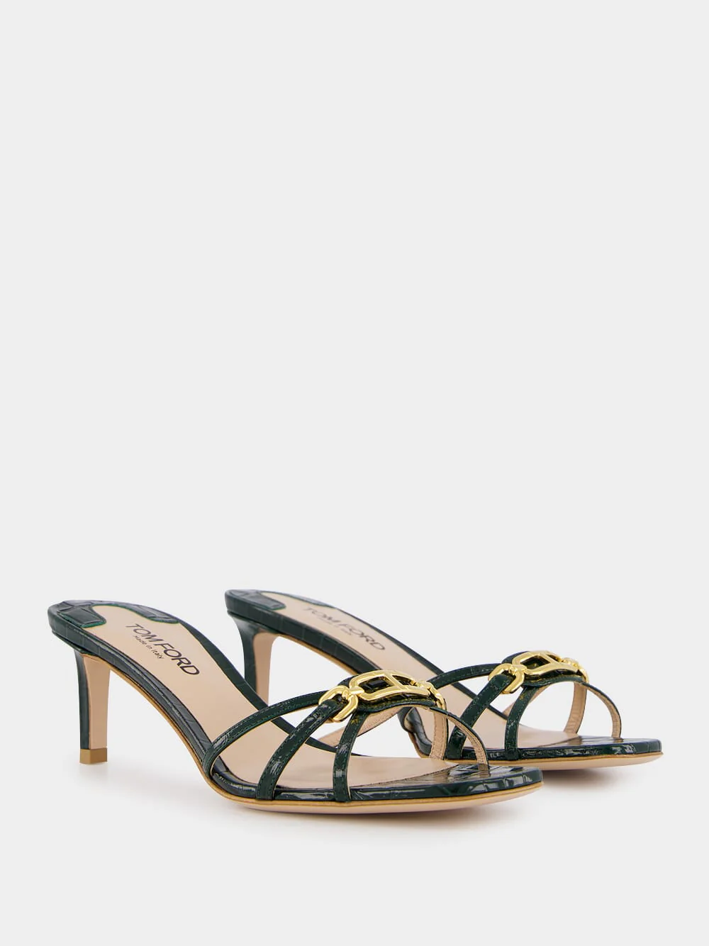 Dark Green Crocodile-Stamped Leather Mules - Image 3