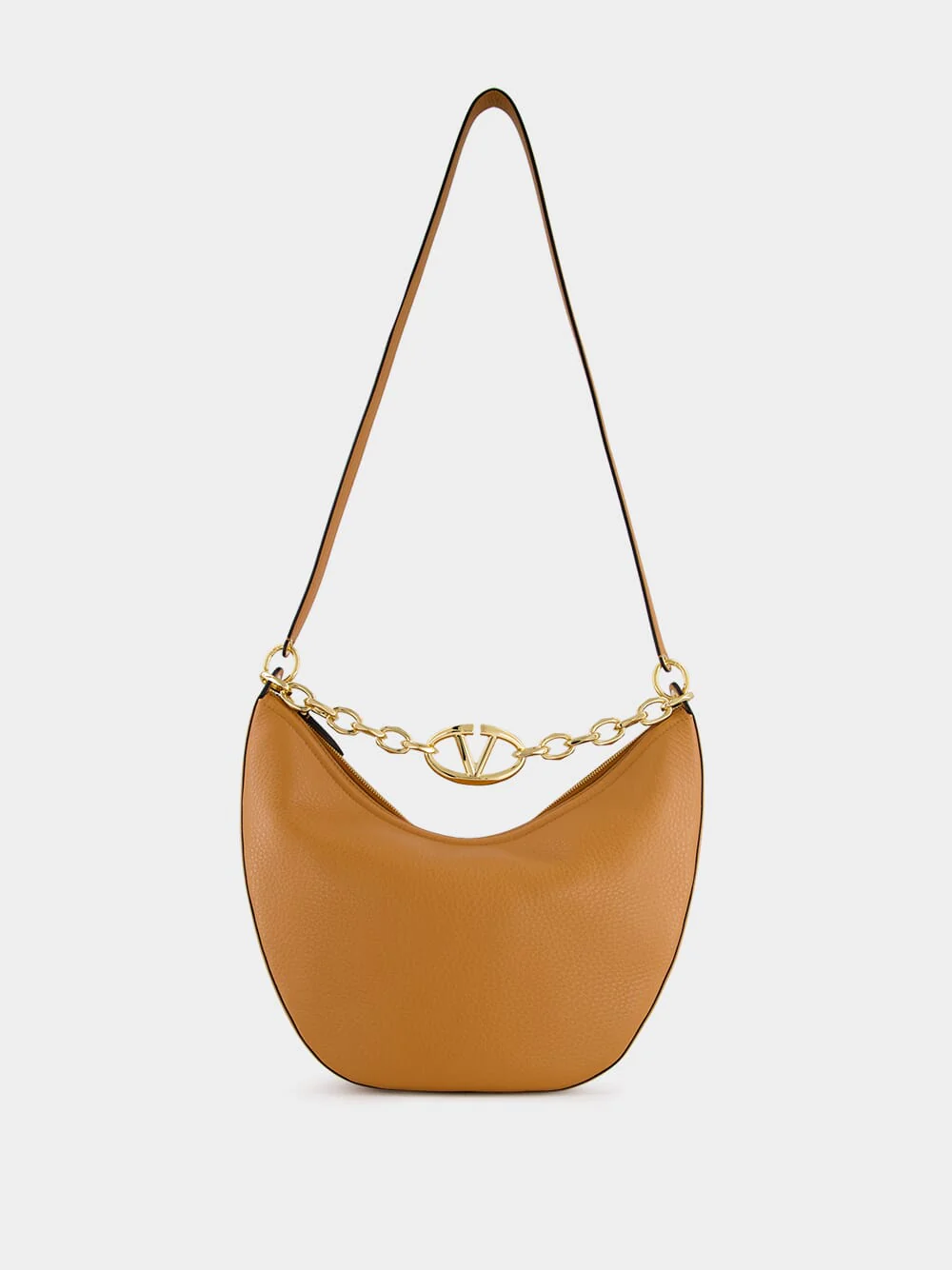 Brown Hobo Moon Medium Leather Bag with VLogo Chain - Image 2