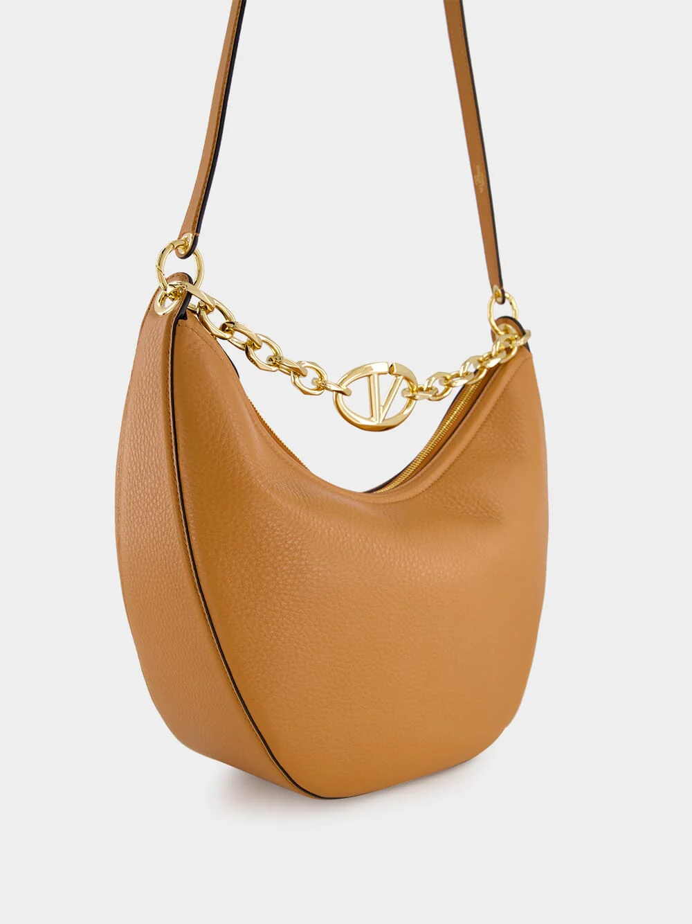 Brown Hobo Moon Medium Leather Bag with VLogo Chain - Image 3