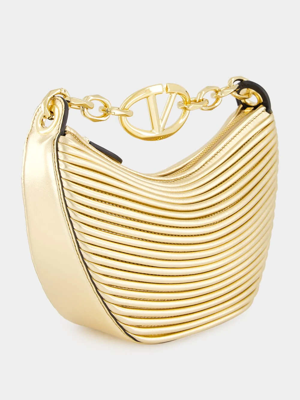 Gold Nappa Leather Mini Hobo Moon Bag with VLogo Chain - Image 3