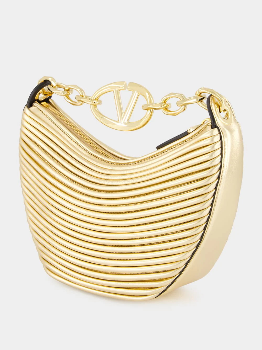 Gold Nappa Leather Mini Hobo Moon Bag with VLogo Chain - Image 5