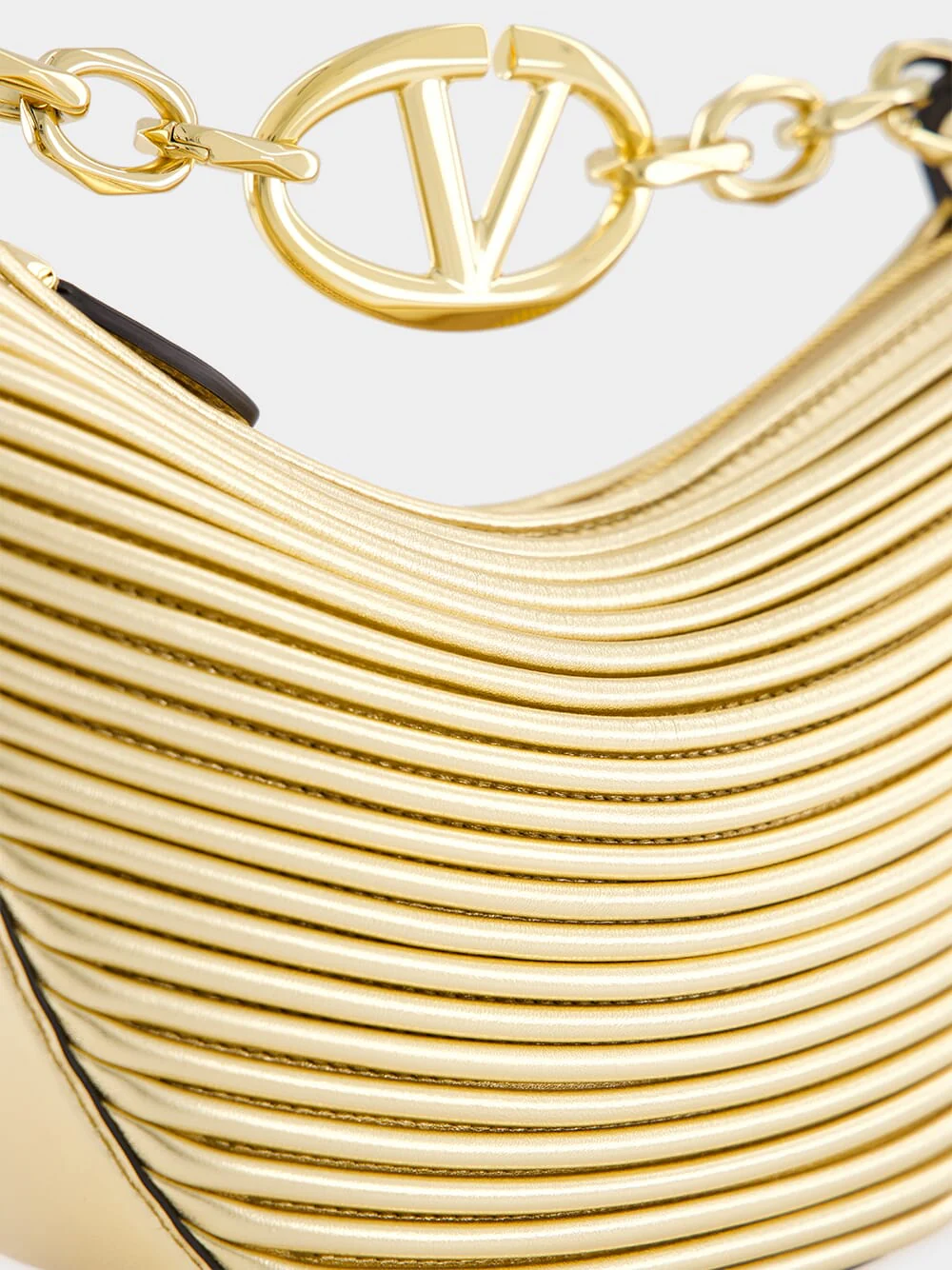 Gold Nappa Leather Mini Hobo Moon Bag with VLogo Chain - Image 7