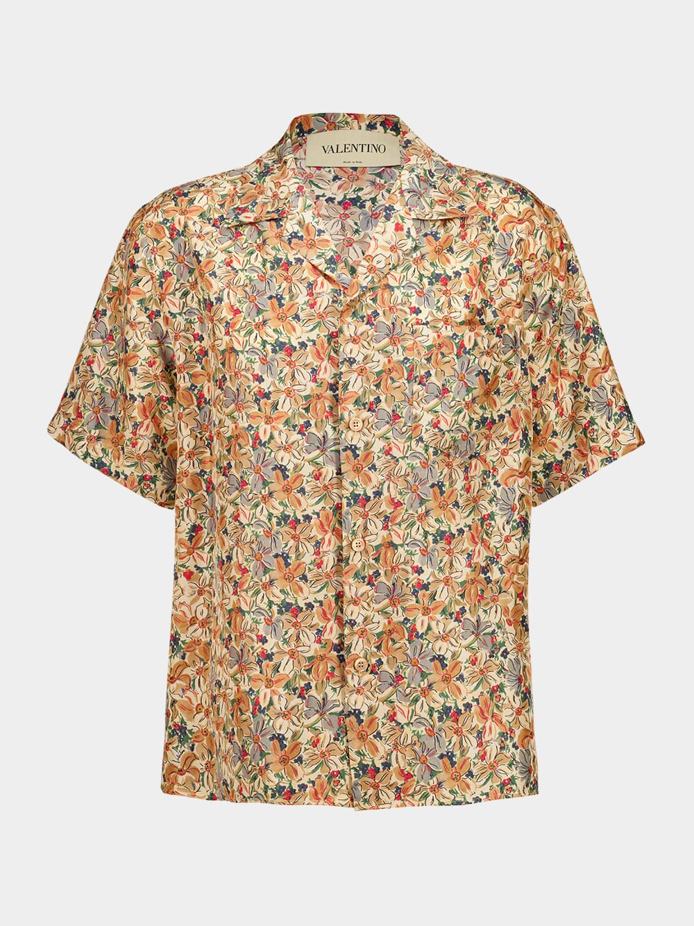 Beige Bowling Shirt in Silk with Papier Floral Print