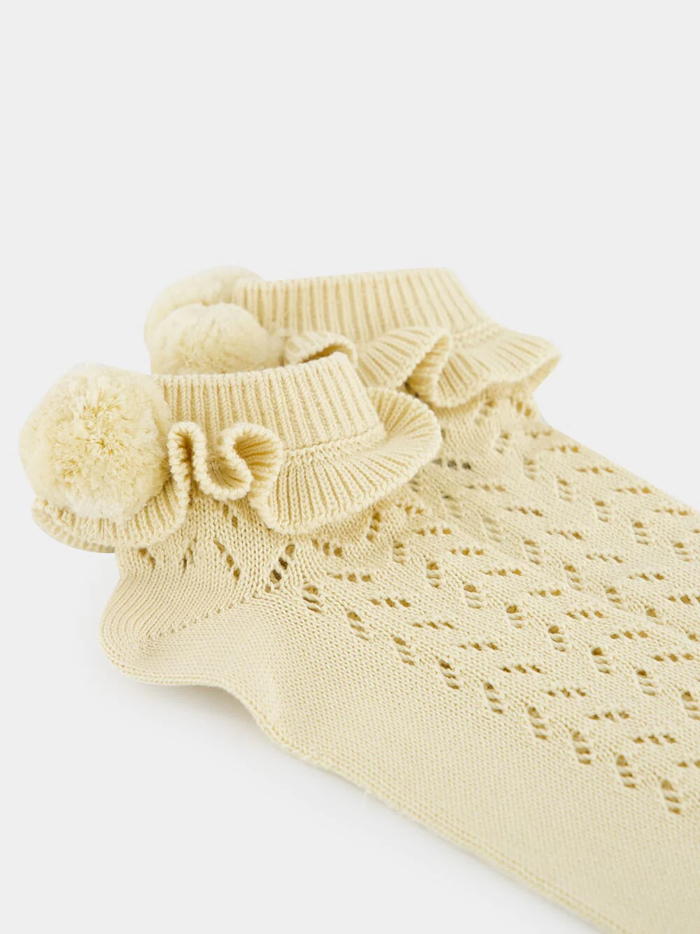 Beige Cotton Socks with Pom-Pom Detail - Image 3