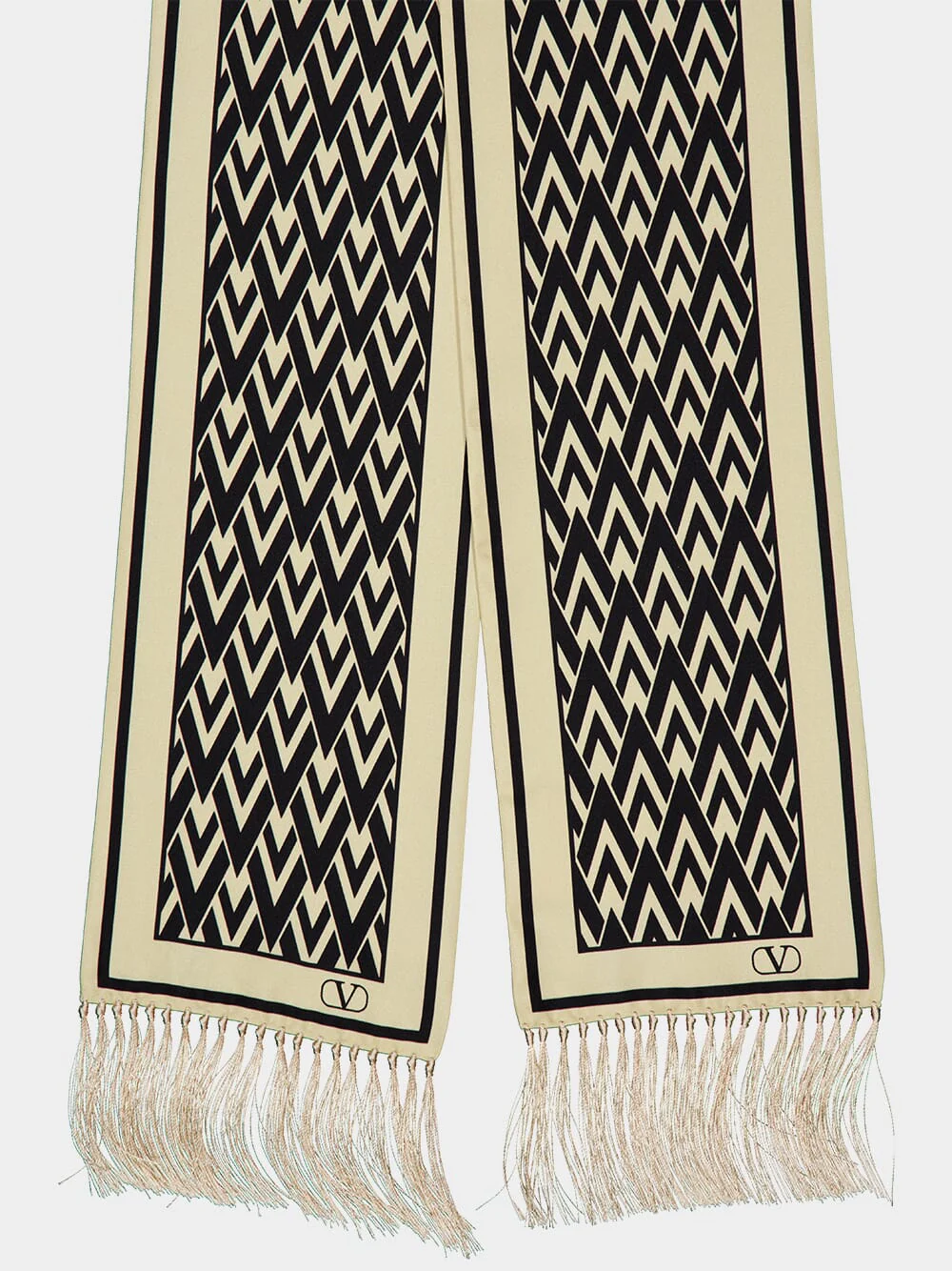 Black and Cream Silk Scarf with Fringes - Image 2