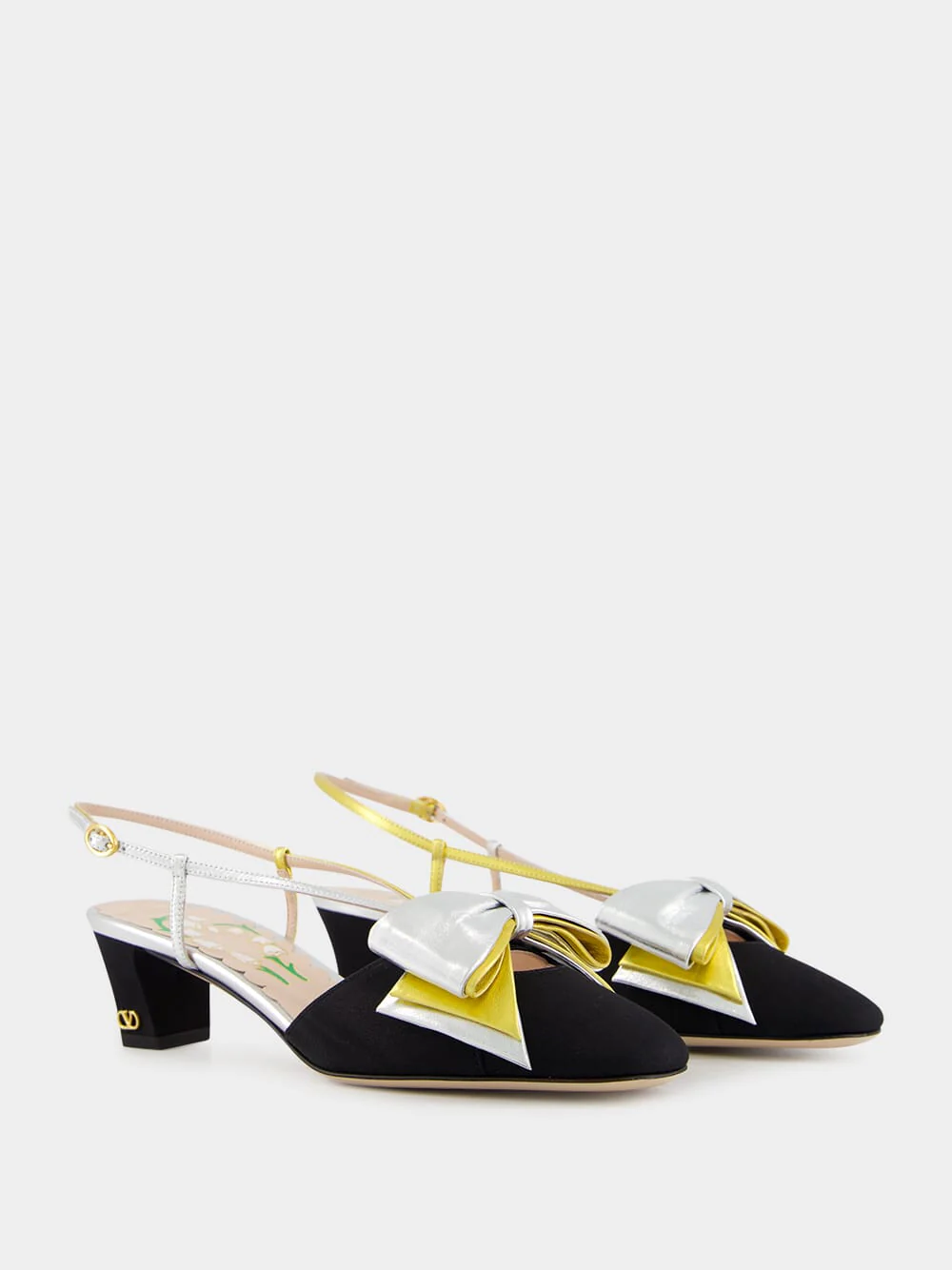 Black and Silver Bowow Slingback Pumps in Moiré Fabric - Image 4