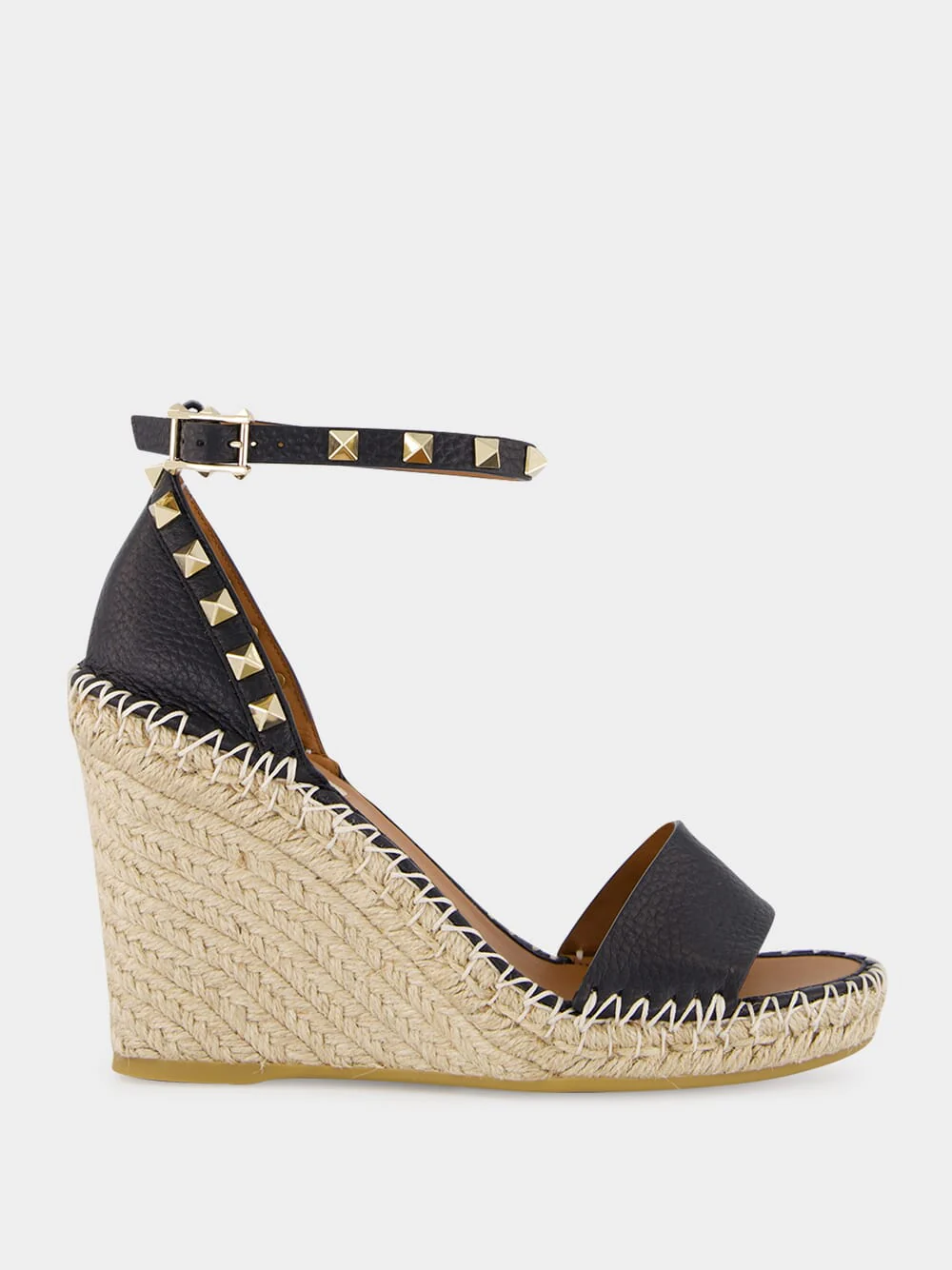 Black Calf Leather Wedge Espadrille Sandals