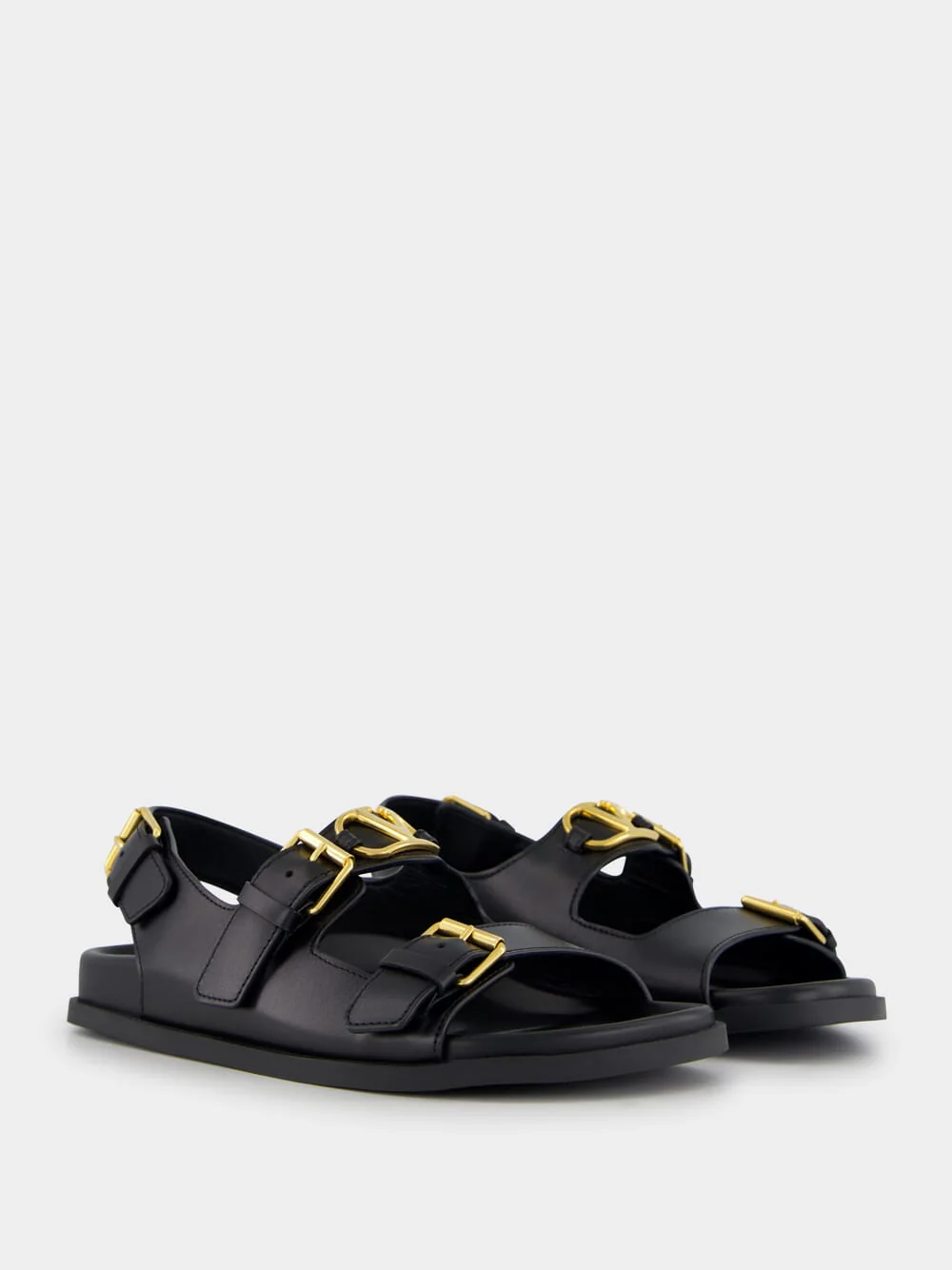 Black Flat Leather Sandals with VLogo Buckles - Image 10