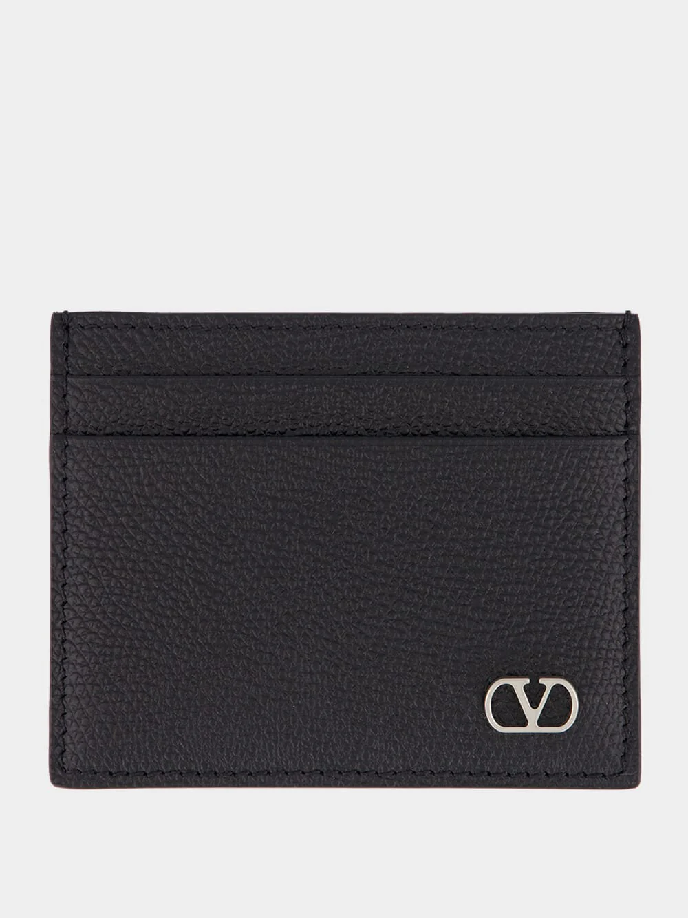 Black Grain Leather VLogo Card Holder