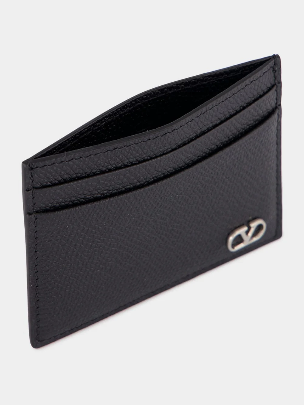Black Grain Leather VLogo Card Holder - Image 3