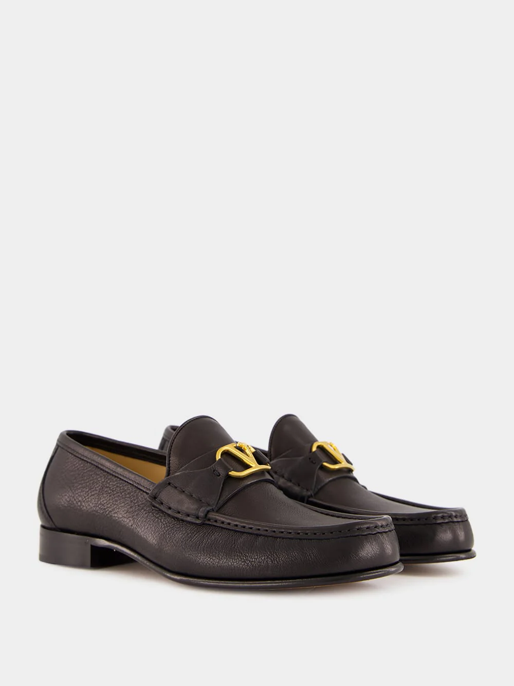 Brass Logo Black Leather Loafers - Image 3
