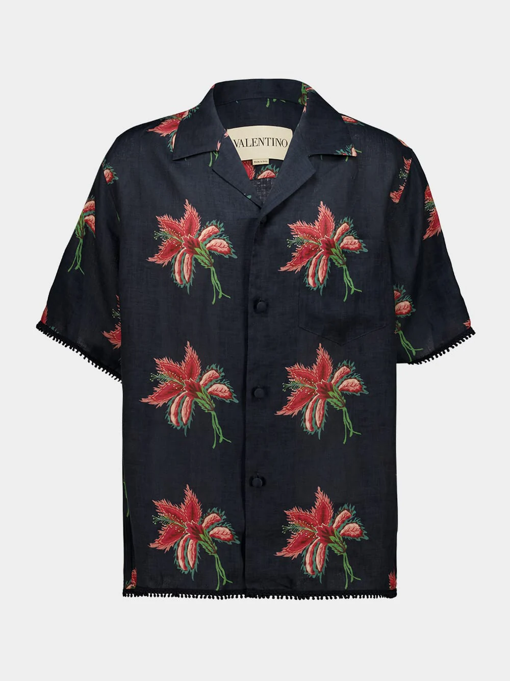 Black Linen Bowling Shirt with Red Papier Floral Print