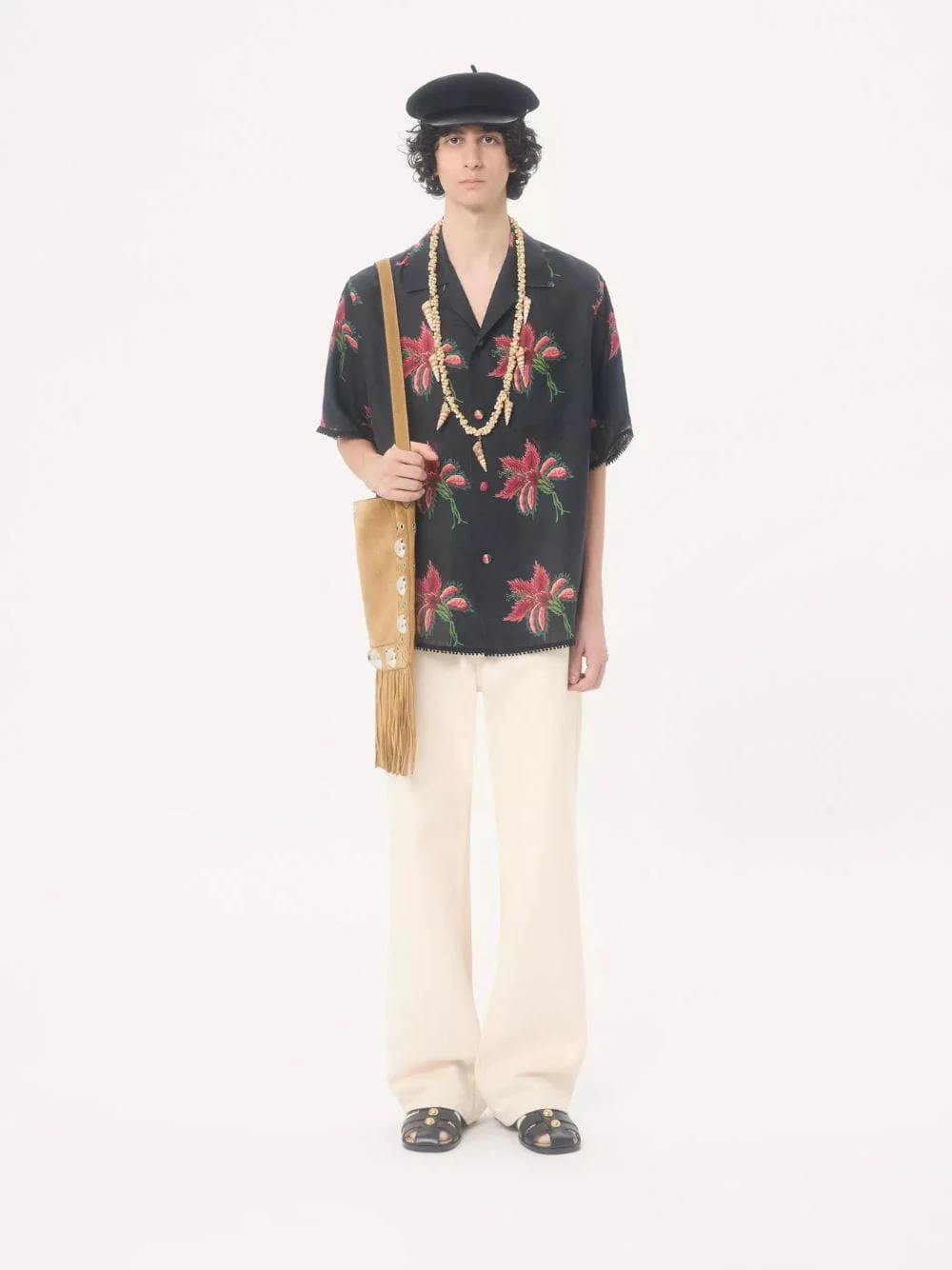 Black Linen Bowling Shirt with Red Papier Floral Print - Image 2