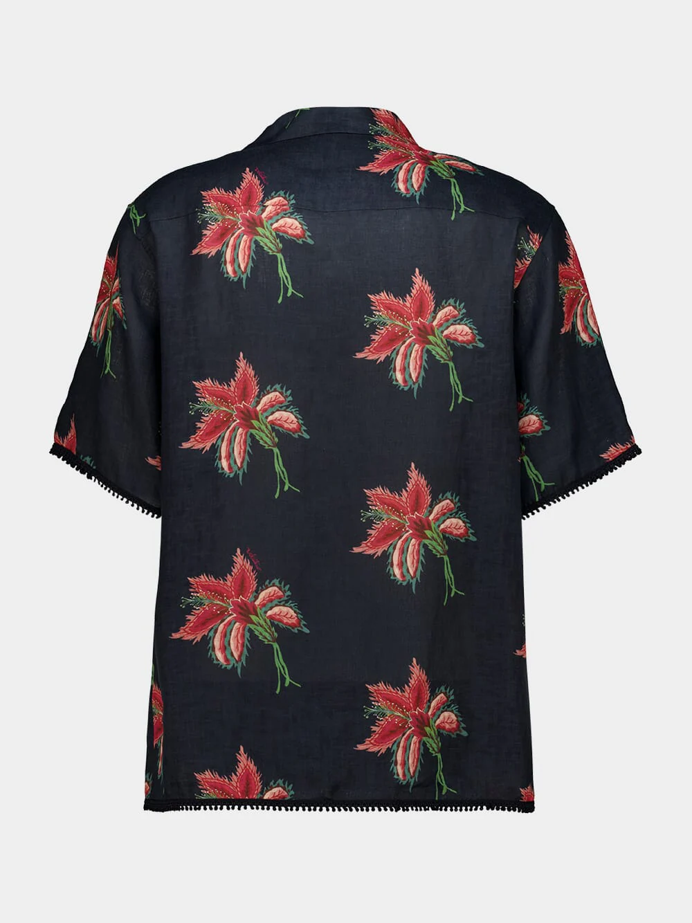 Black Linen Bowling Shirt with Red Papier Floral Print - Image 3