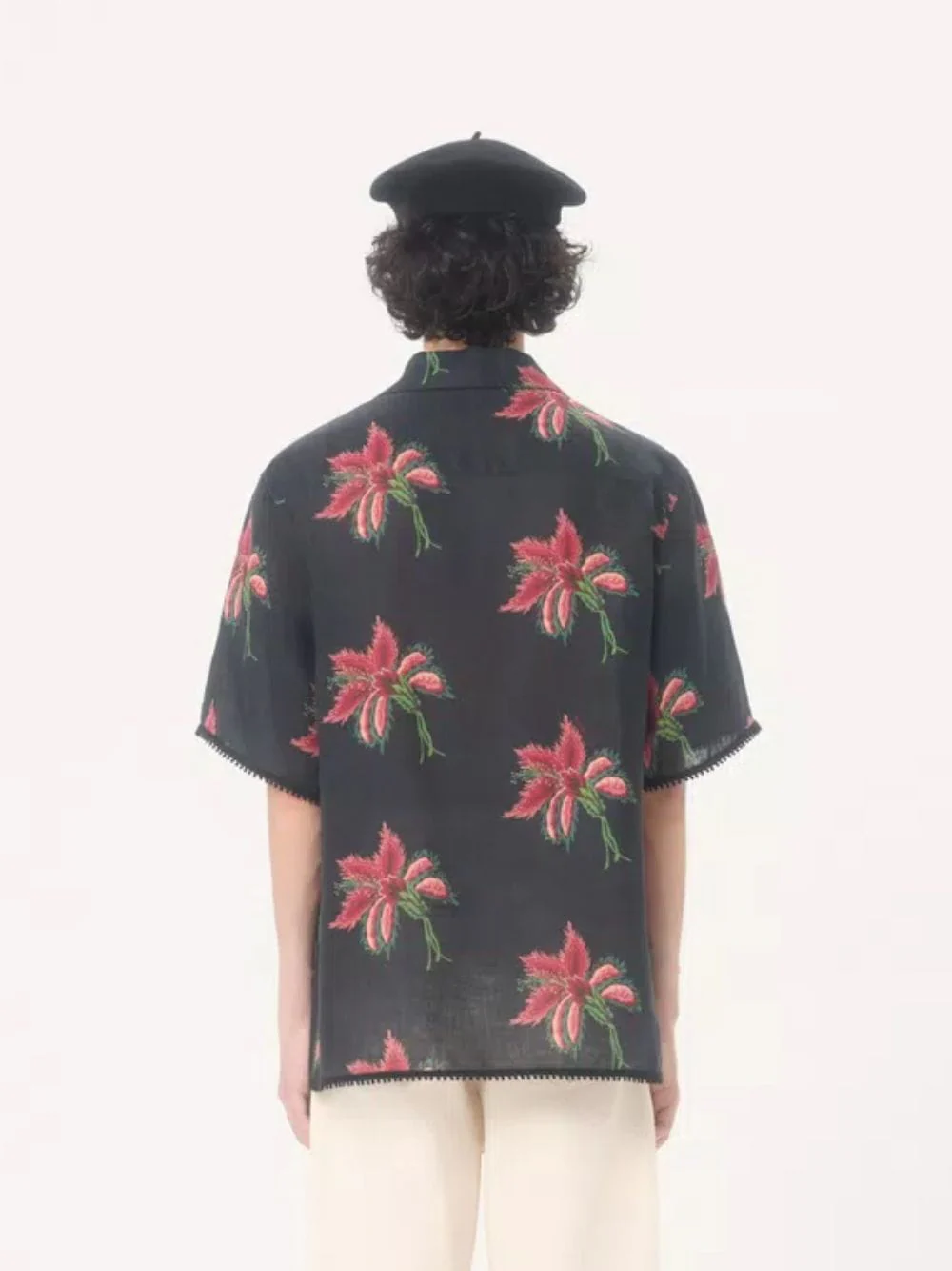 Black Linen Bowling Shirt with Red Papier Floral Print - Image 4