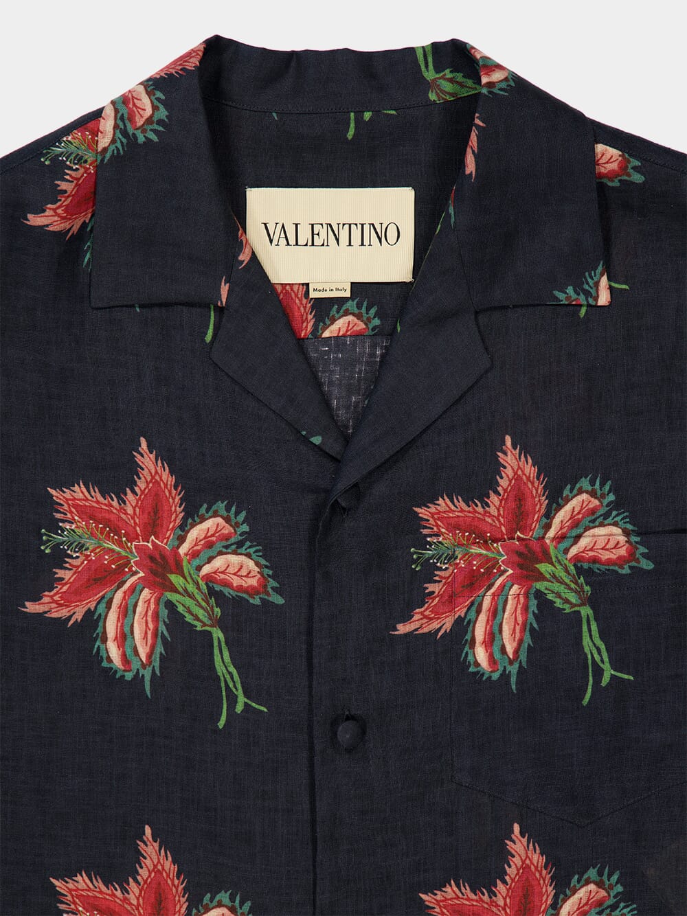 Black Linen Bowling Shirt with Red Papier Floral Print - Image 5