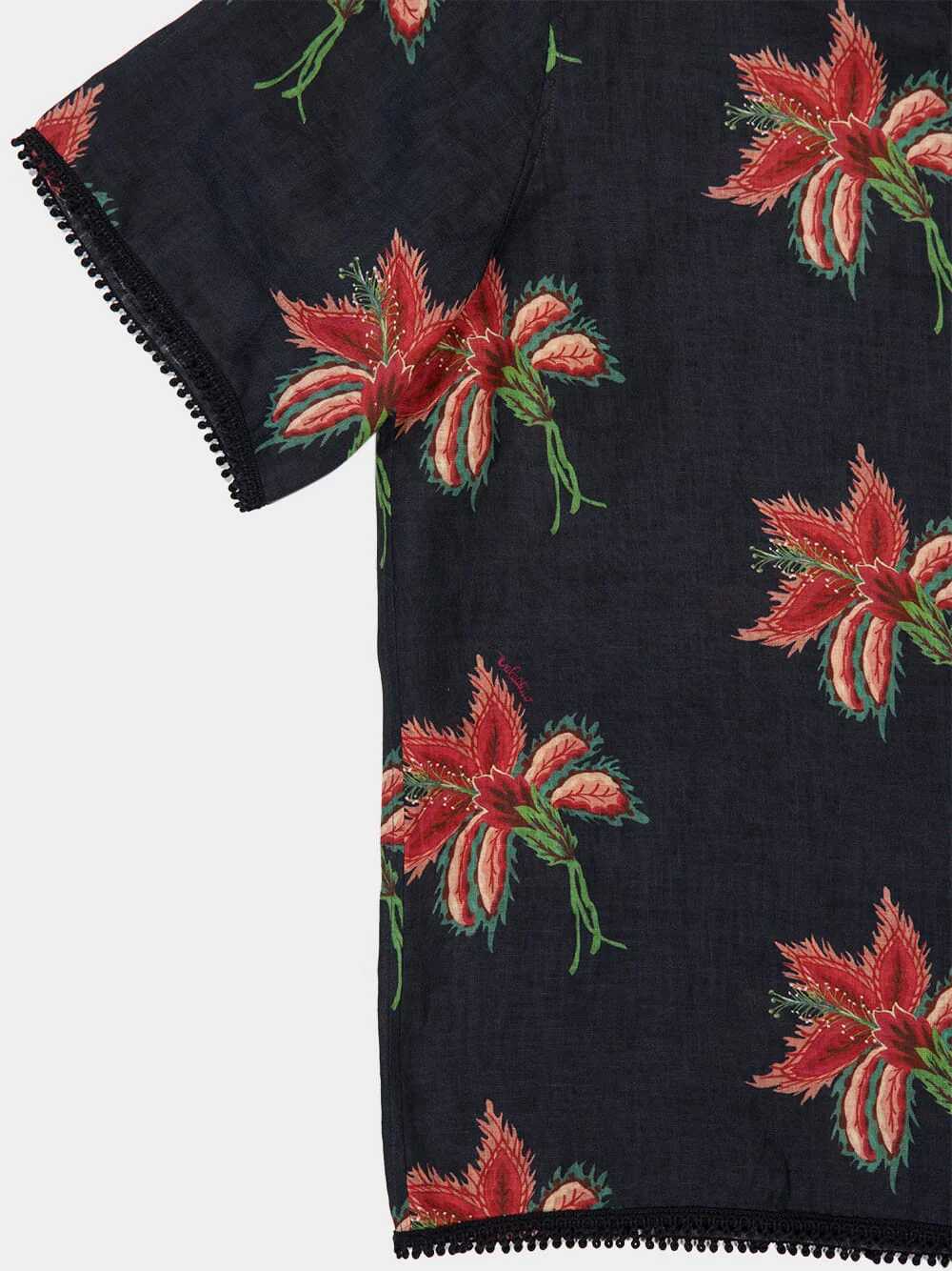 Black Linen Bowling Shirt with Red Papier Floral Print - Image 6