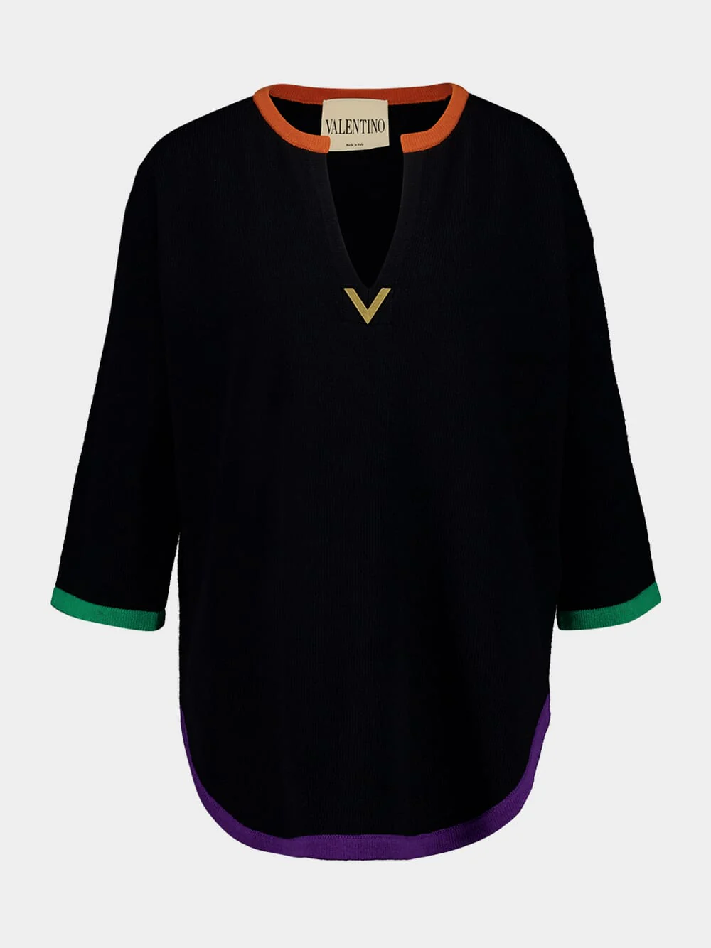 Black Long-Sleeve Wool Top with V Detail