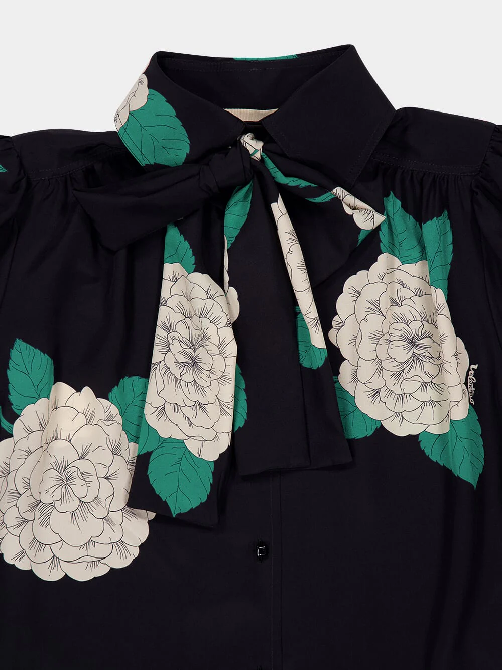 Black Ortensia Print Silk Shirt with Neck Tie - Image 3