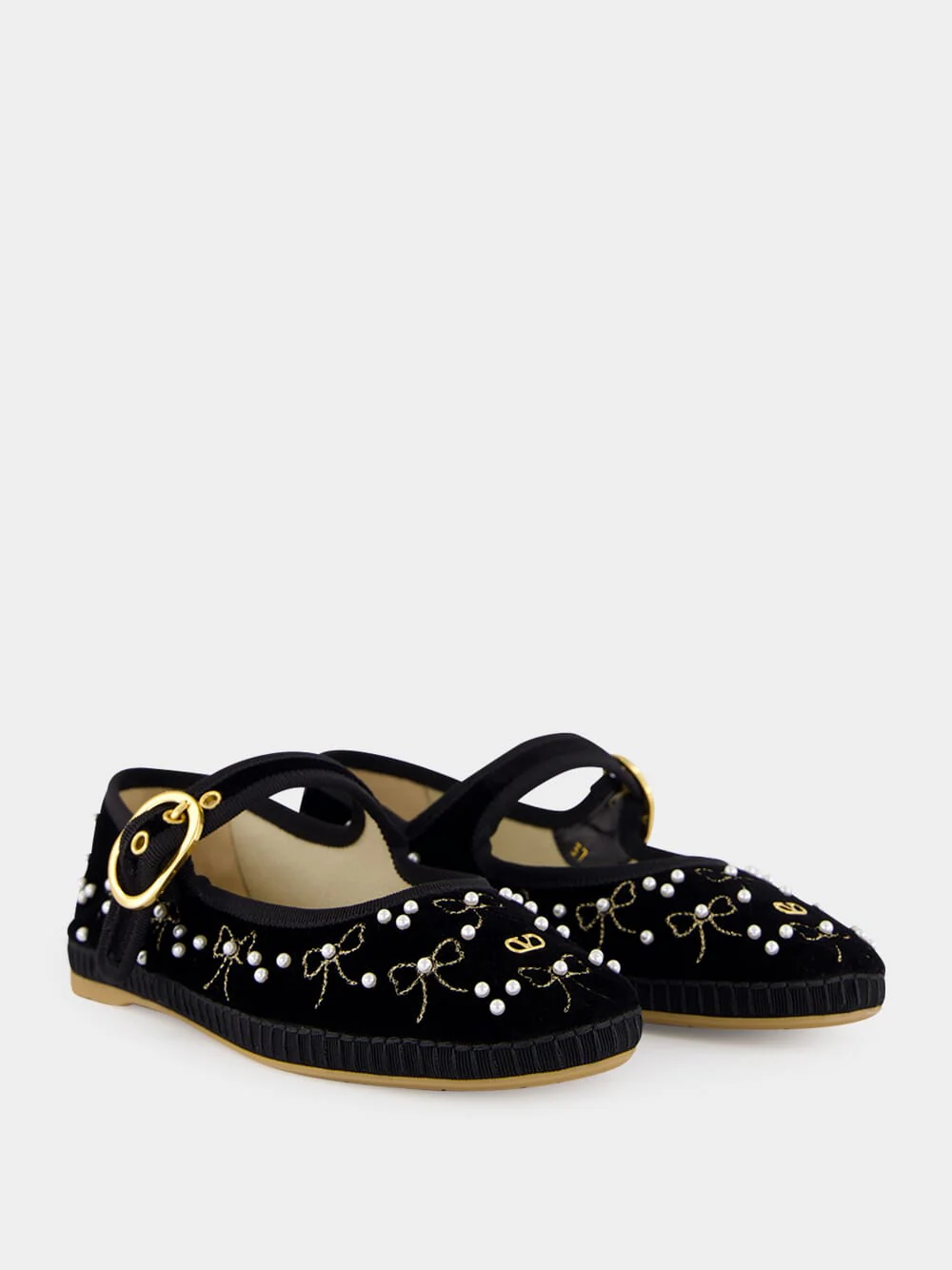Black Velvet Ballerinas with Beaded Bows - Image 3